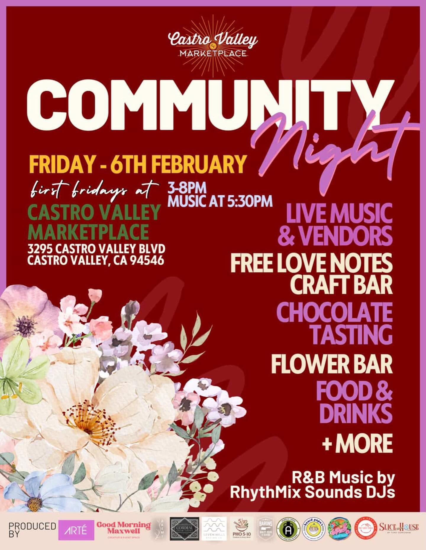 This Friday 3pm-8pm we&rsquo;ll be at the @castrovalleymarketplace for First Fridays! Come enjoy this great community event.💐
