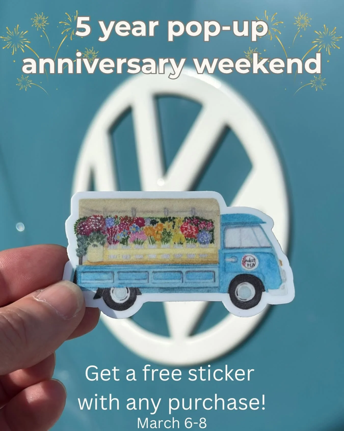 Let&rsquo;s celebrate🎉 I can&rsquo;t believe it&rsquo;s been 5 years since our first pop-up💐

Come to one of our three pop-ups this weekend!! 😃 Free Sweet Pea sticker with any purchase. 

Friday 3/6
5pm-8pm
Inside @castrovalleymarketplace 
First F