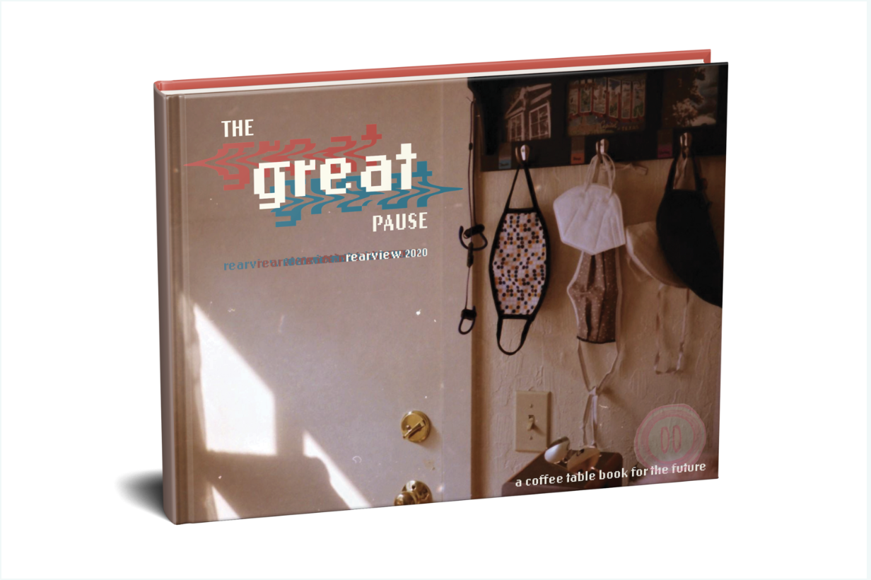 An image of the Great Pause coffee table book, including a series of masks hanging up next to a door