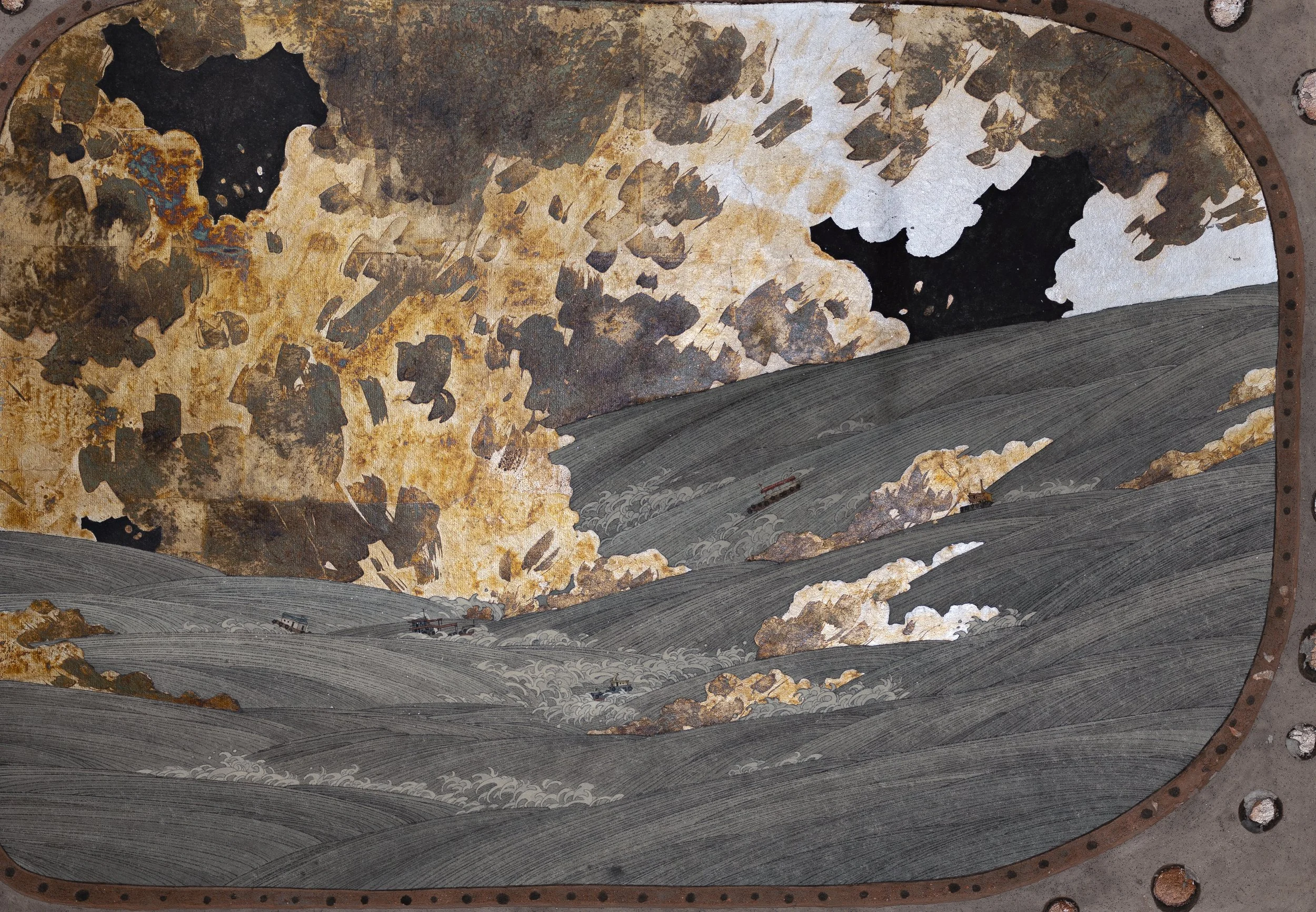 I See the End of the Story 
我看到了故事的結局 | 2022 | Ink, colour and silver leaf on paper | 46 x 67 cm