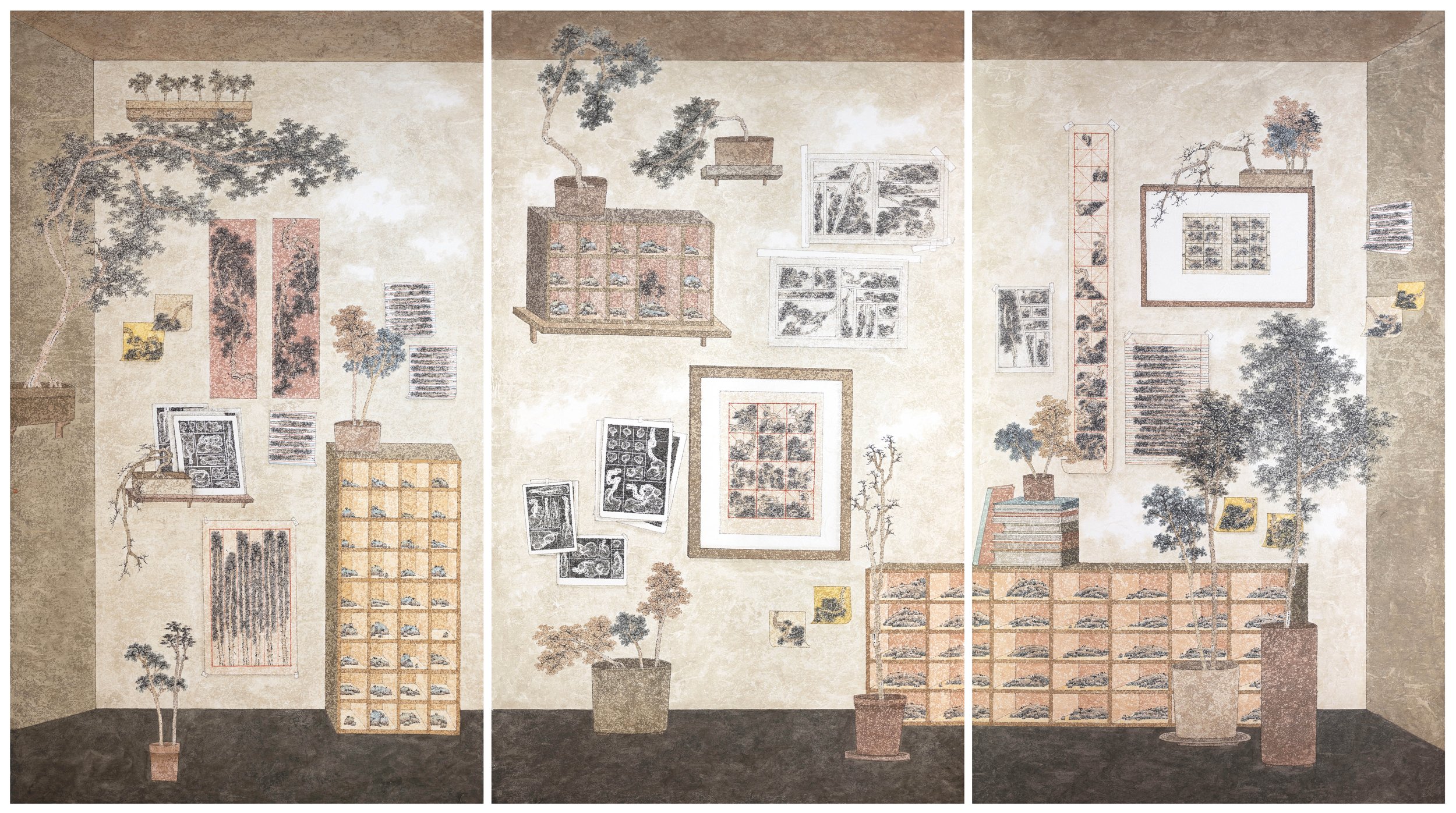 Whispers in the Room 靜室私語  | 2025 | Ink and colour on paper | set of 3: (80 x 119 cm) each