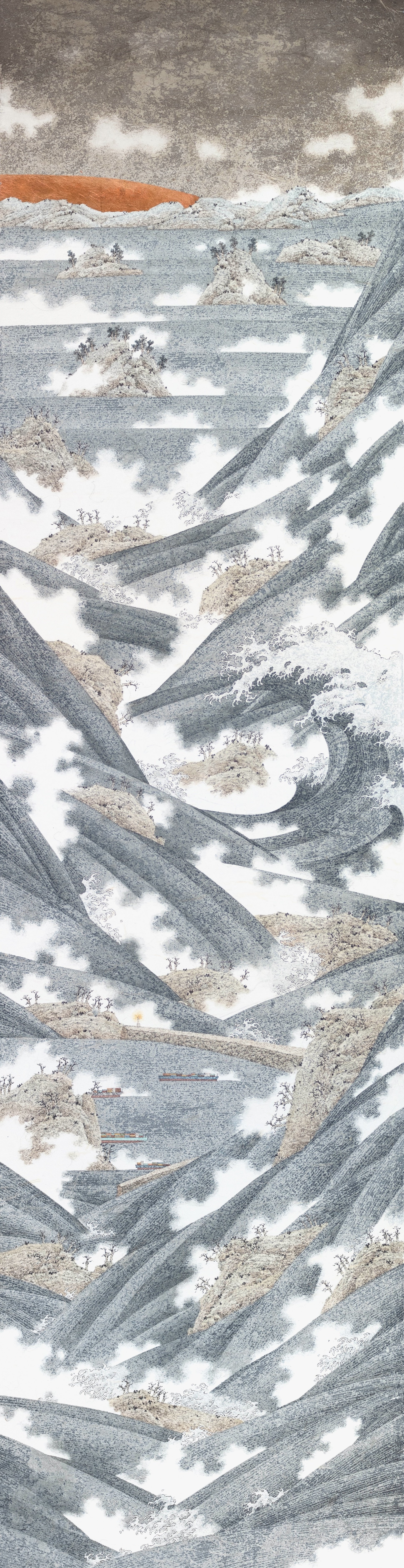 The Frozen Storm 凝固的風暴 | 2026 | Ink, colour and copper leaf on paper | 199 x 49 cm 
