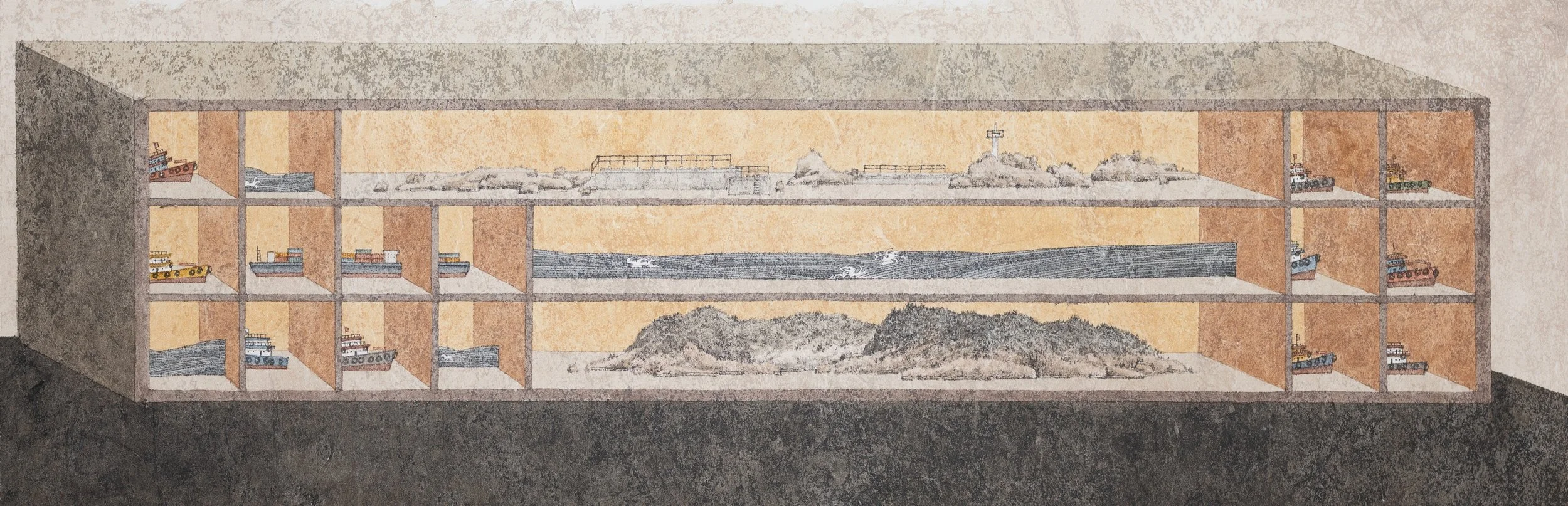 The Cabinet of Landscape: Beyond Aberdeen Typhoon Shelter 藏景櫃: 香港仔避風塘外 | 2025 | Ink and colour on paper | 23x71cm