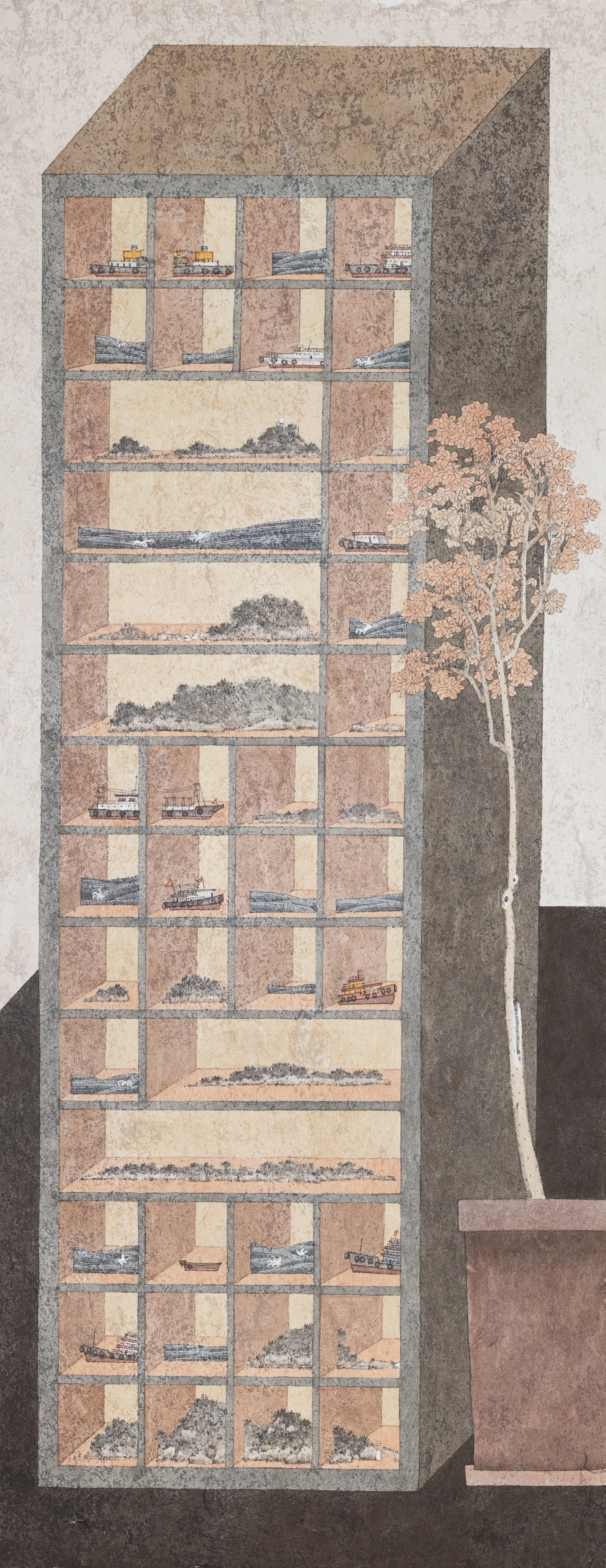 The Cabinet of Landscape: Offshore of Sunny Bay 藏景櫃: 欣澳外海 | 2025 | Ink and colour on paper | 80x30.5cm