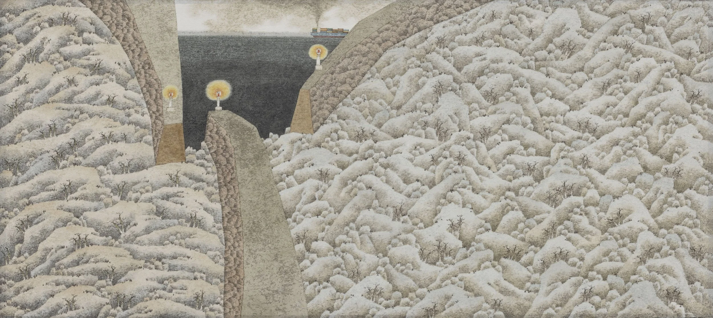 The Deserted Harbour 荒港 | 2026 | Ink, colour and silver leaf on paper | 45 x 98 cm