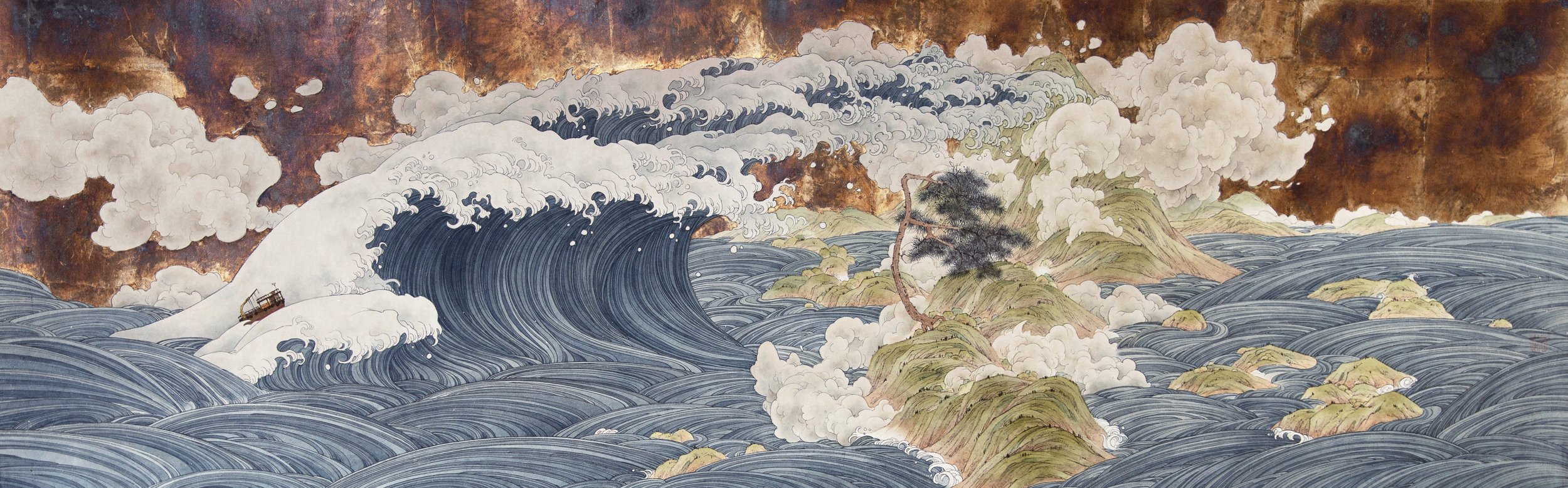 The Last of Its Kind 最後的信仰 | 2021 | Ink, colour and silver leaf on paper | 41.5 x 131.5 cm