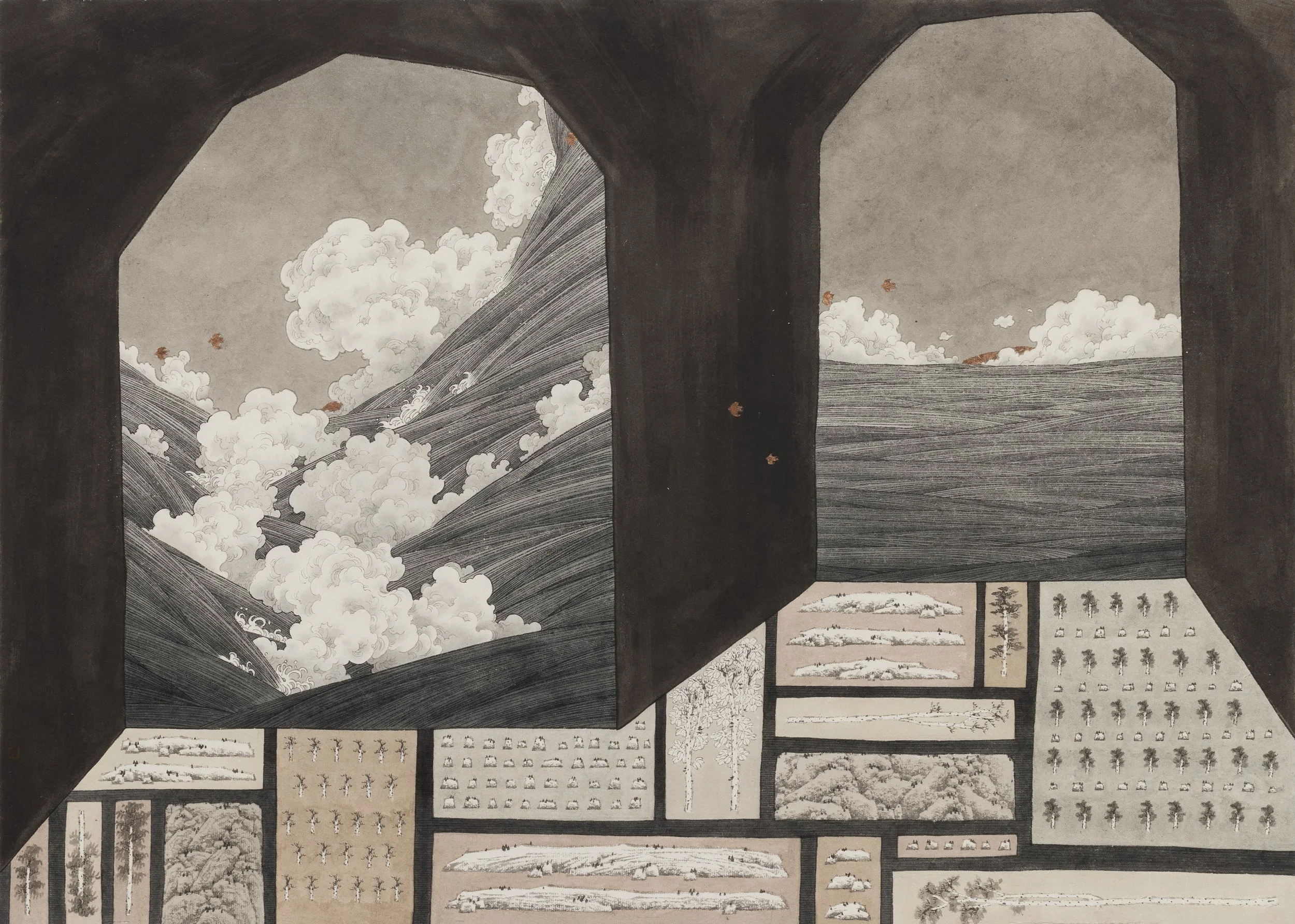 第21窟:異景 Cave no.21 :Divergent Vistas,2025,銅箔水墨設色紙本 Ink, colour and copper leaf on paper,47×66.5cm copy.jpg