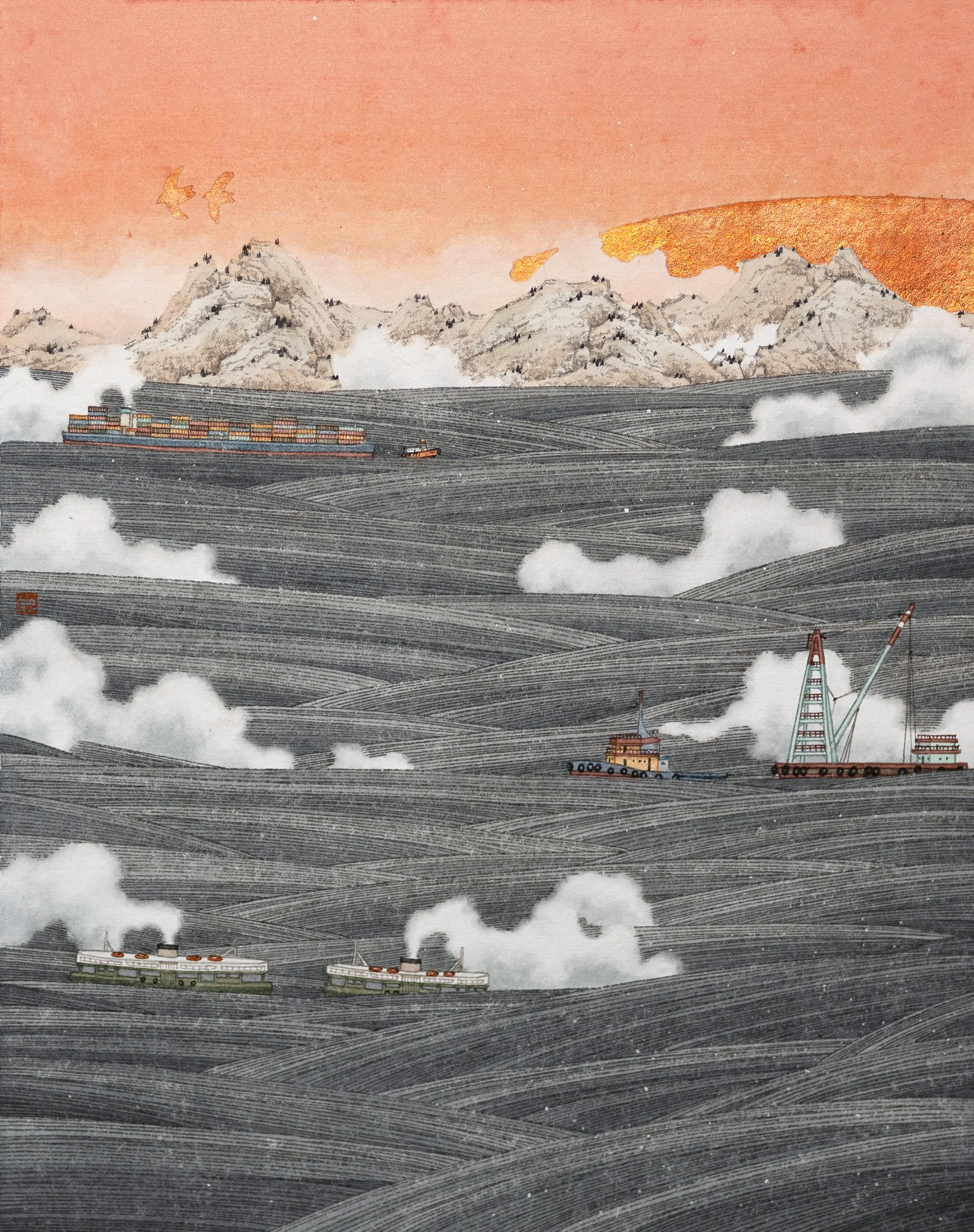 In Pair We Sail 伴航 | 2026 | Ink, colour and silver leaf on paper | 32.5 x 25.5 cm 