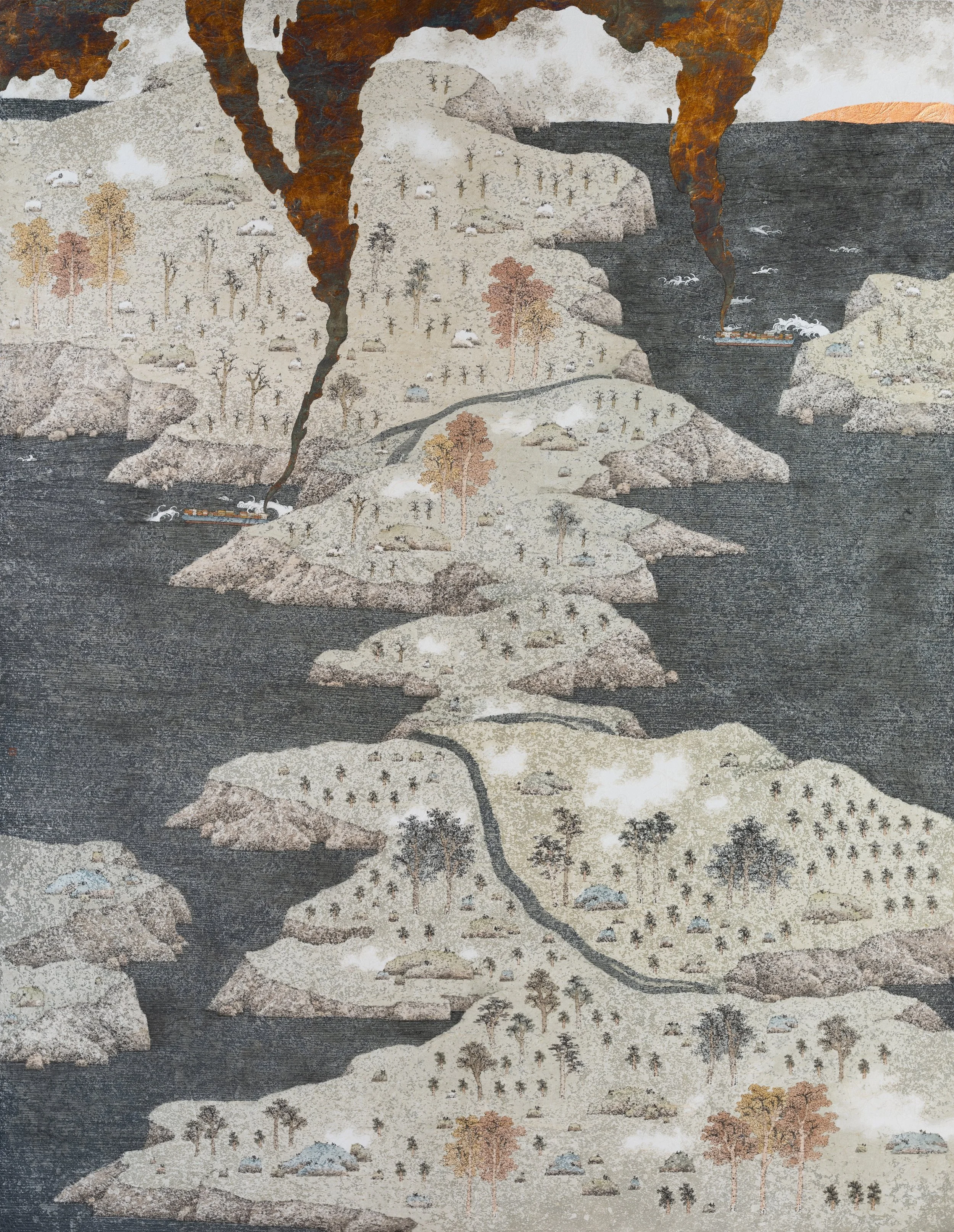 Sailing in Silent Companionship 孤舟伴航 | 2025 | Ink, colour, copper and silver leaf on paper | 101 x 80 cm