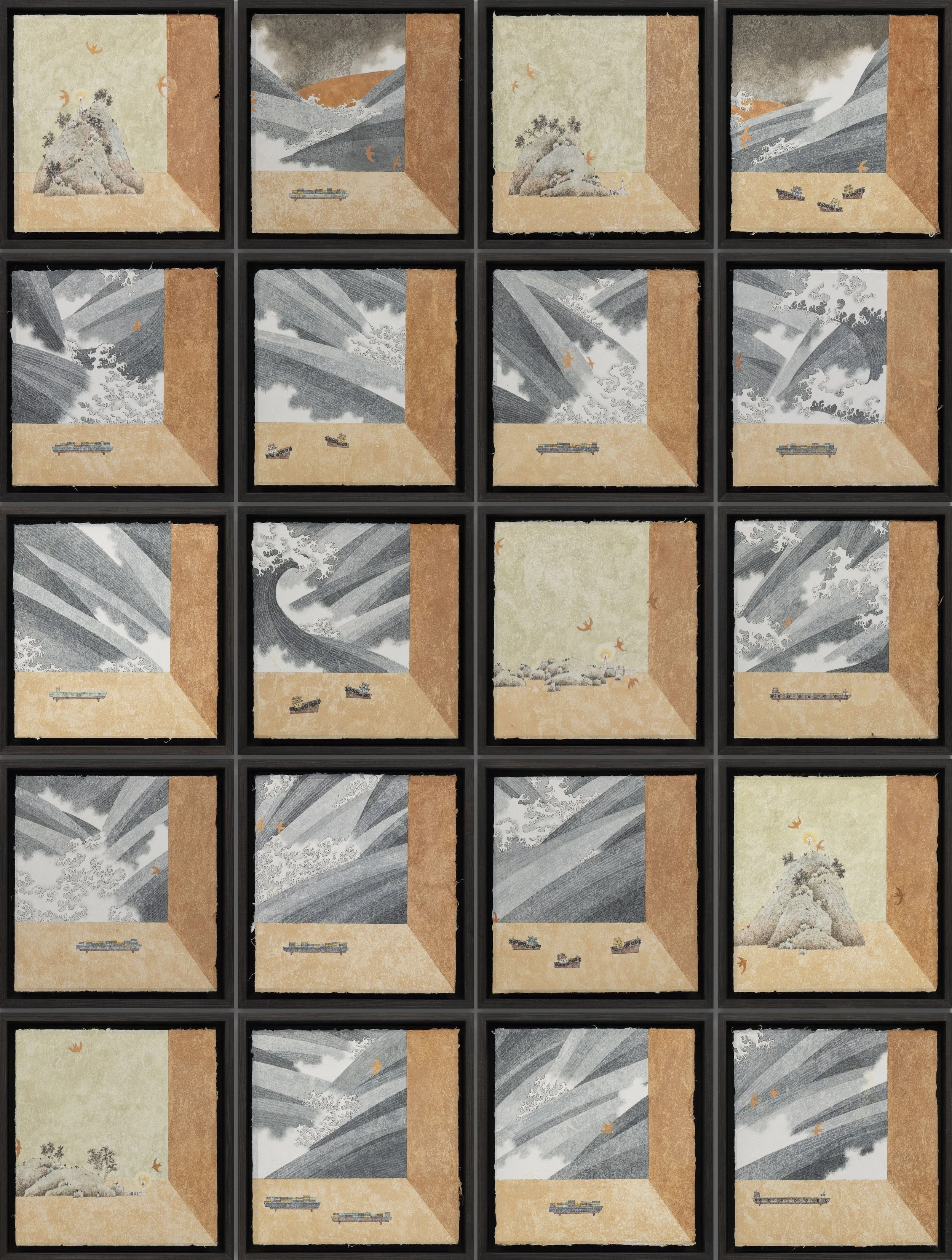 The Cabinet of the Floating World 浮世櫃 | 2026 | Ink, colour and copper leaf on paper | Set of 20 : 33 x 31 cm each