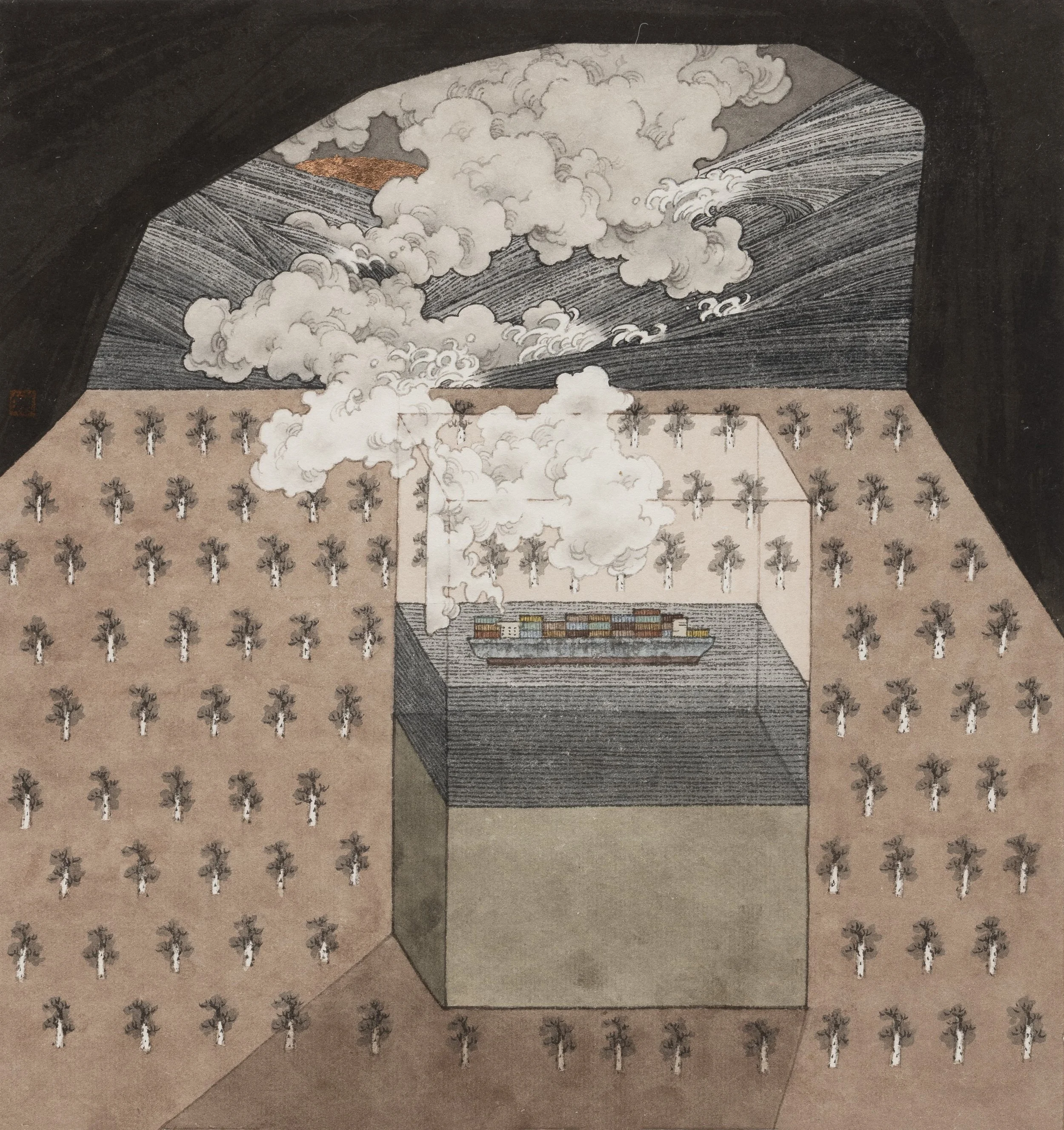 第22窟:溢境 Cave no.22:Spilling Realm,2025,銅箔水墨設色紙本 Ink, colour and copper leaf on paper,2025,26x24.5cm copy.jpg