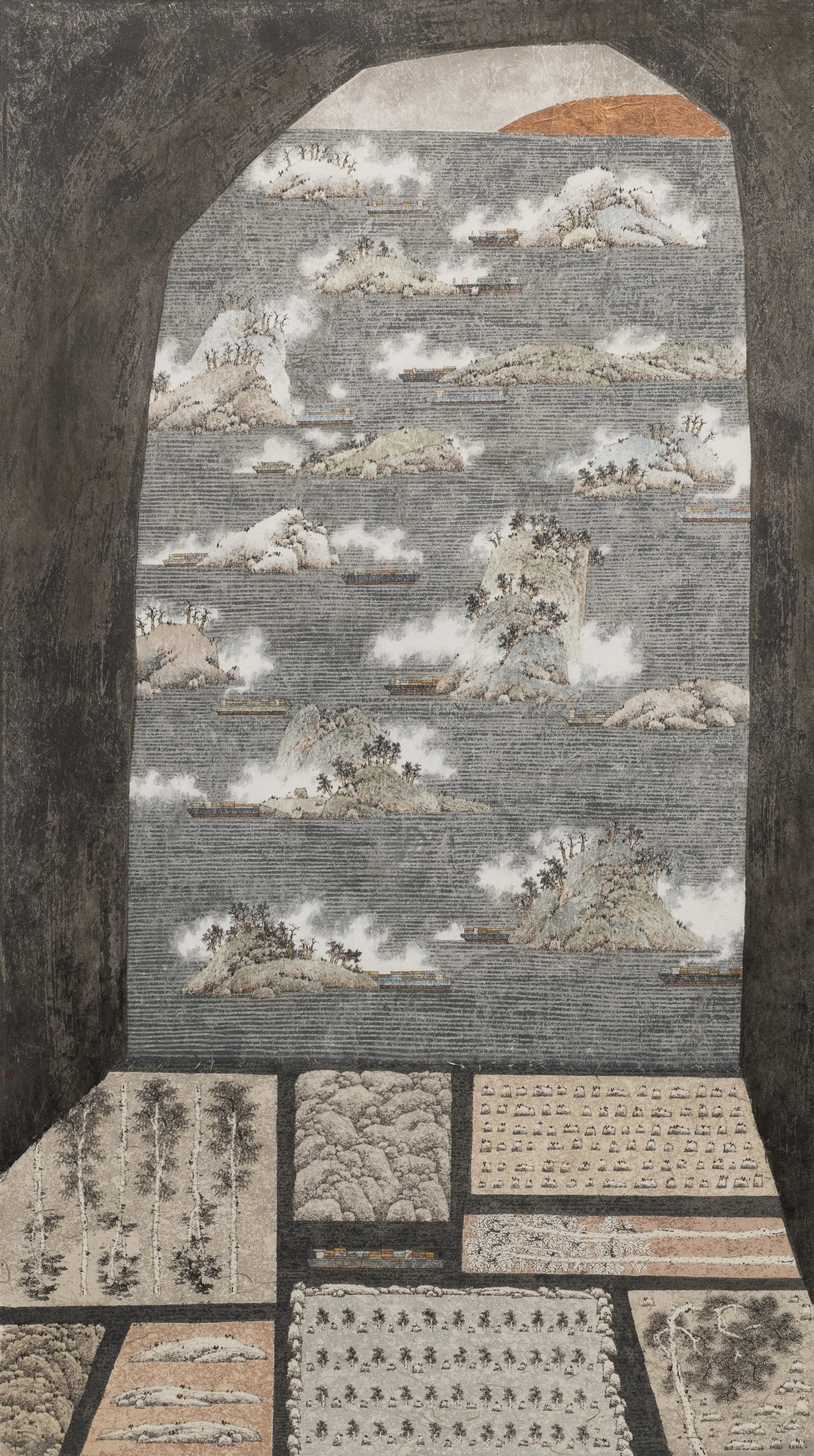 Cave no.19: Haven of Unsent Sails 第19窟 : 靜泊未航 | 2025 | Ink, colour and copper leaf on paper | 101 x 56 cm