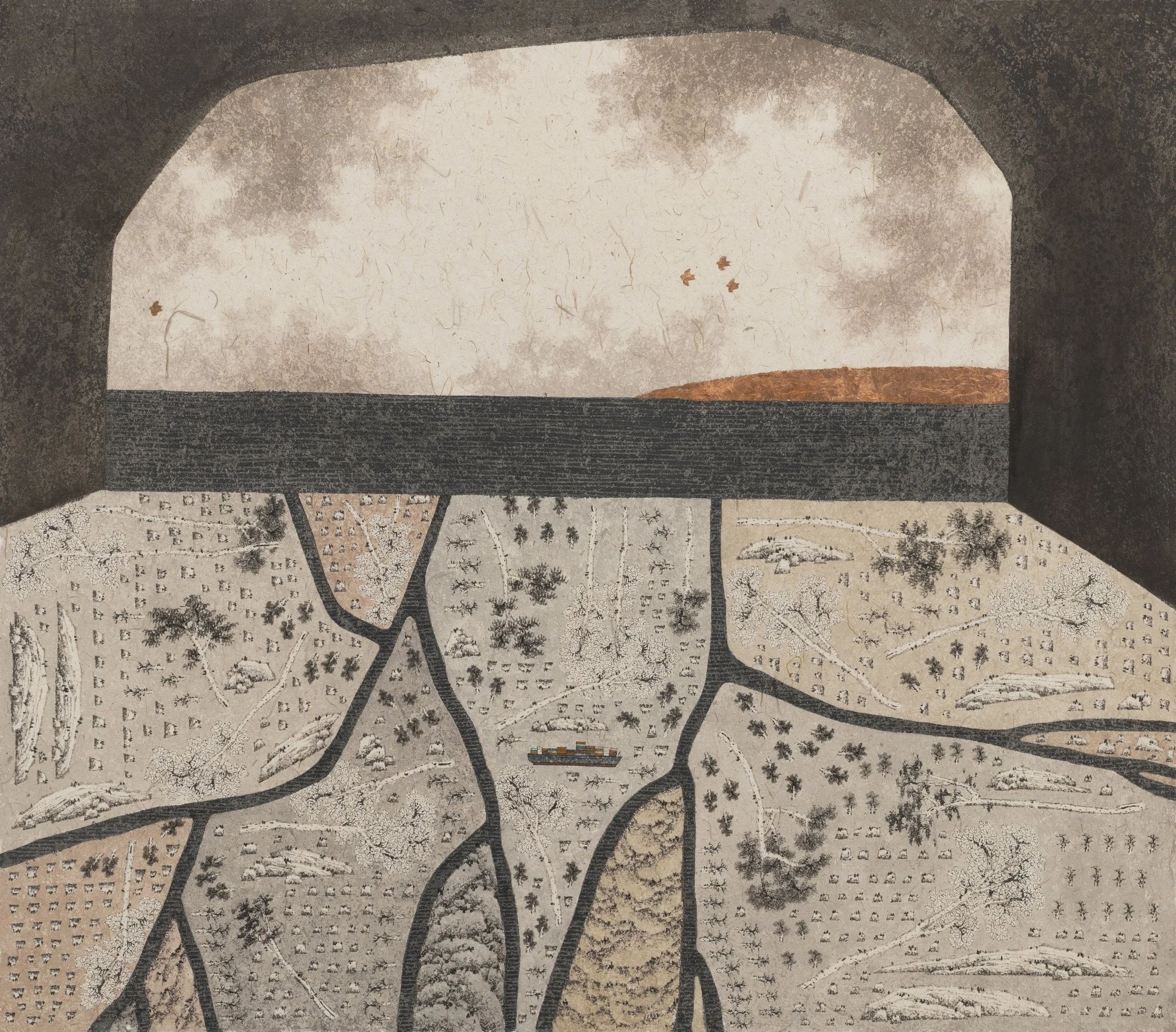 Cave no.20: Entwined Sail 第20窟 : 樹石困舟 | 
2025 | Ink, colour and copper leaf on paper | 75 x 86 cm 
