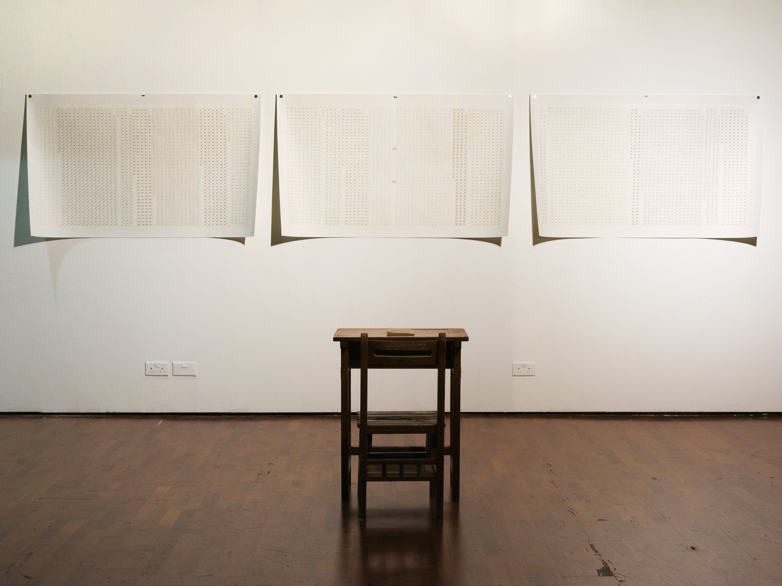 A New Language 新語 | 2022 | School desk, chair, ink and colour on paper | booklet: 19 x 13 cm (15 pages); painting: set of 3 : 80 x 137, 80 x 139, 80 x 137 cm