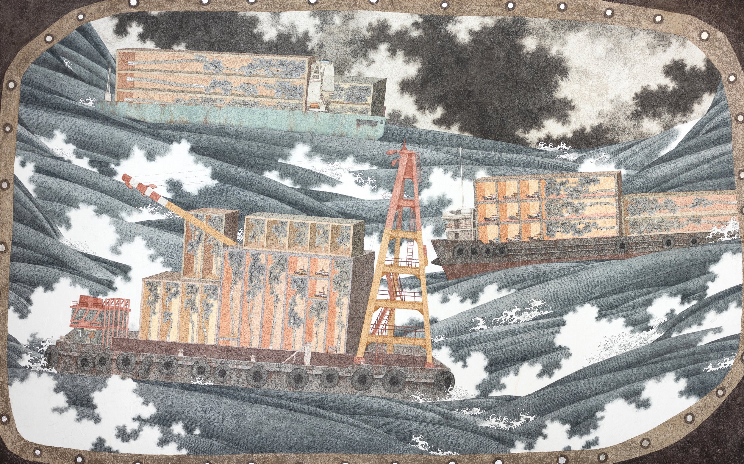 The Exiled Drift 被放逐的漂流 | 2026 | Ink, colour and silver leaf on paper | 98 x 158 cm