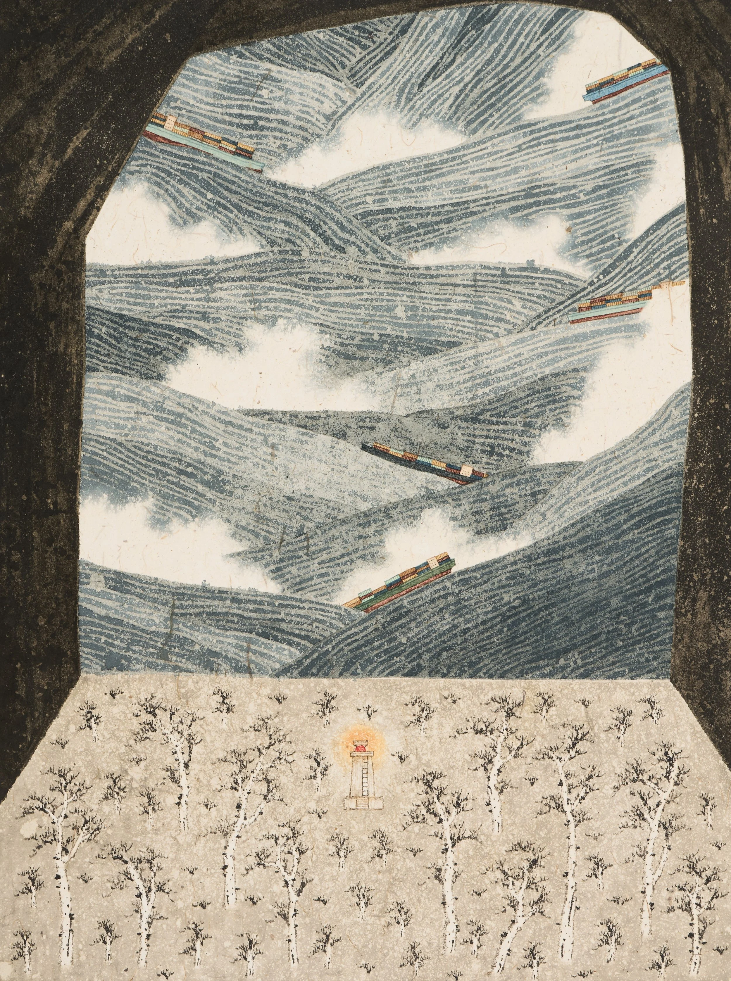 Cave no.25: The Mocking Glimmer 第25窟：微光嘲諷 | 2026 | Ink and colour on paper | 55.5 x 41 cm