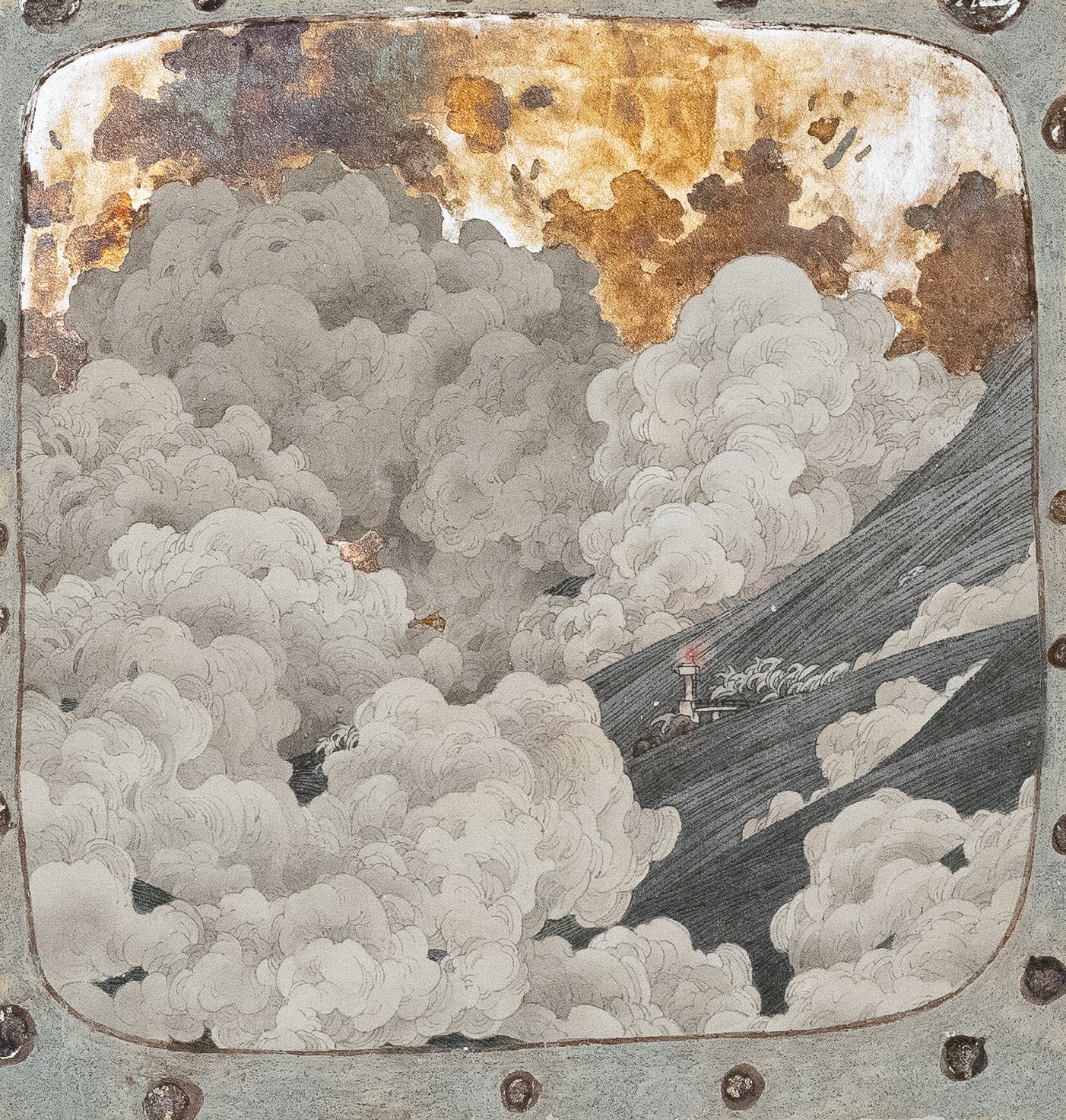 The Pier in the Storm 風暴中的碼頭 | 2022 | Ink, colour and silver leaf on paper | 22.5 x 21 cm