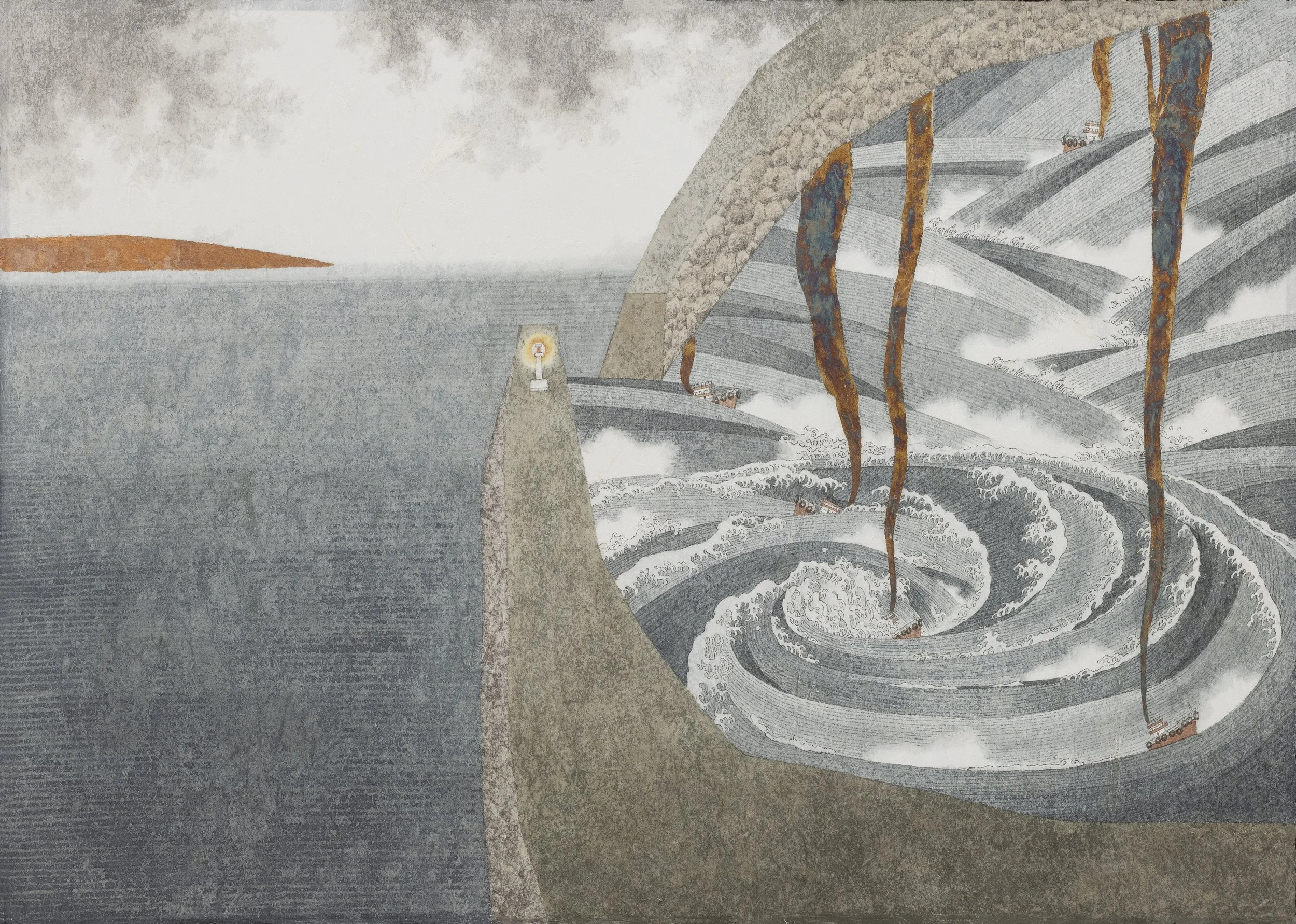 The Typhoon Harbour 風港 | 2026 | Ink, colour and silver leaf on paper | 57 x 80 cm