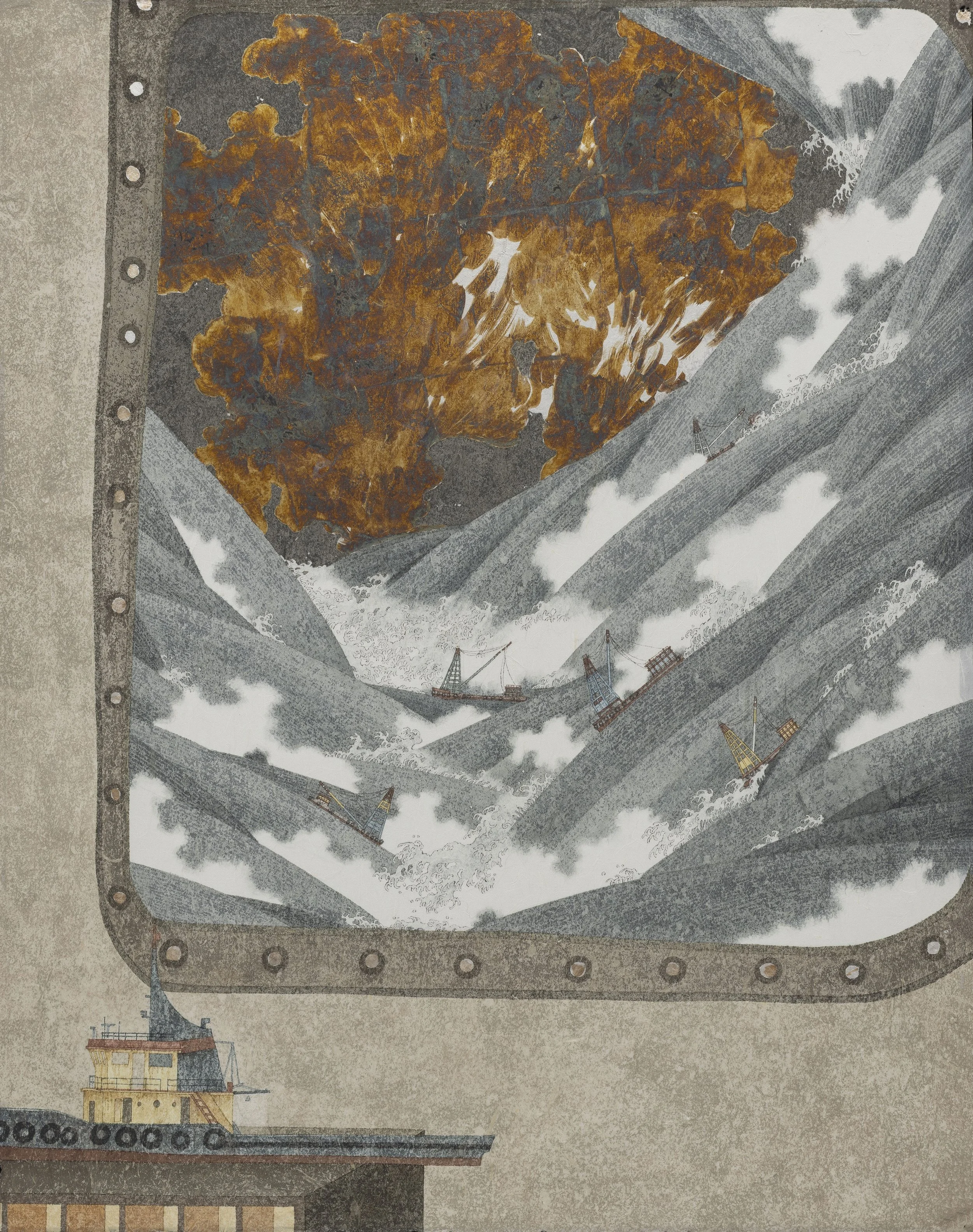 The Absent Tugboat 缺席的拖船 | 2026 | Ink, colour and silver leaf on paper | 98 x 77 cm 