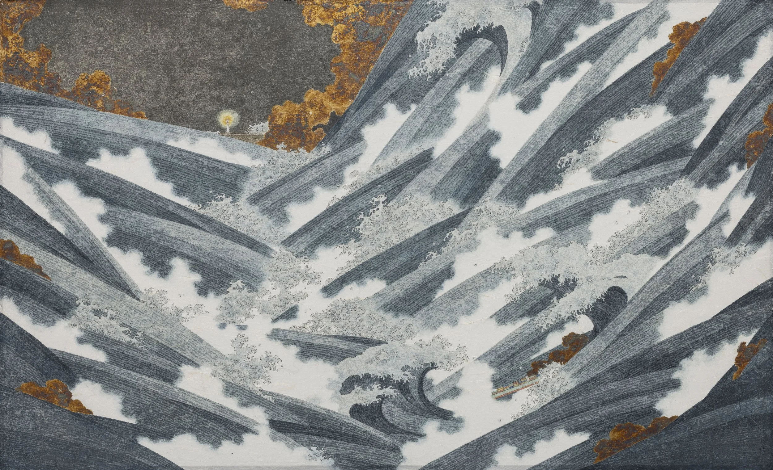 Echoes of Spectral Signals 幽靈信號的迴盪 | 2026 | Ink, colour and silver leaf on paper | 59 x 98 cm 