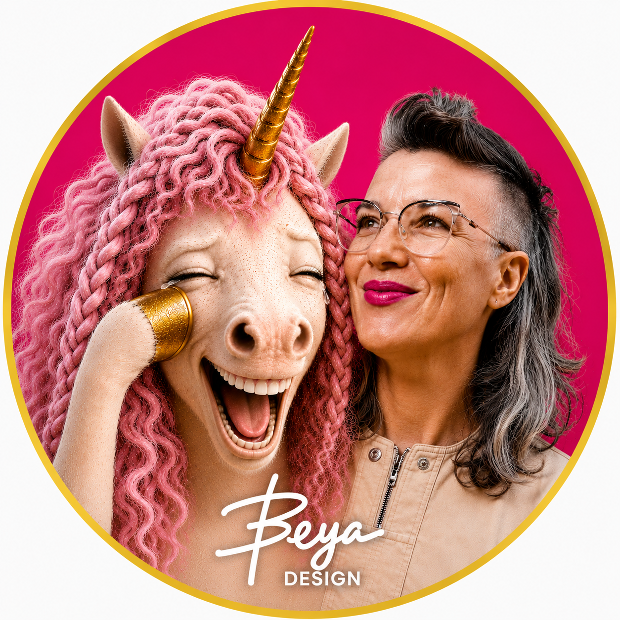 Chavisa with a laughing unicorn and Beya Design logo