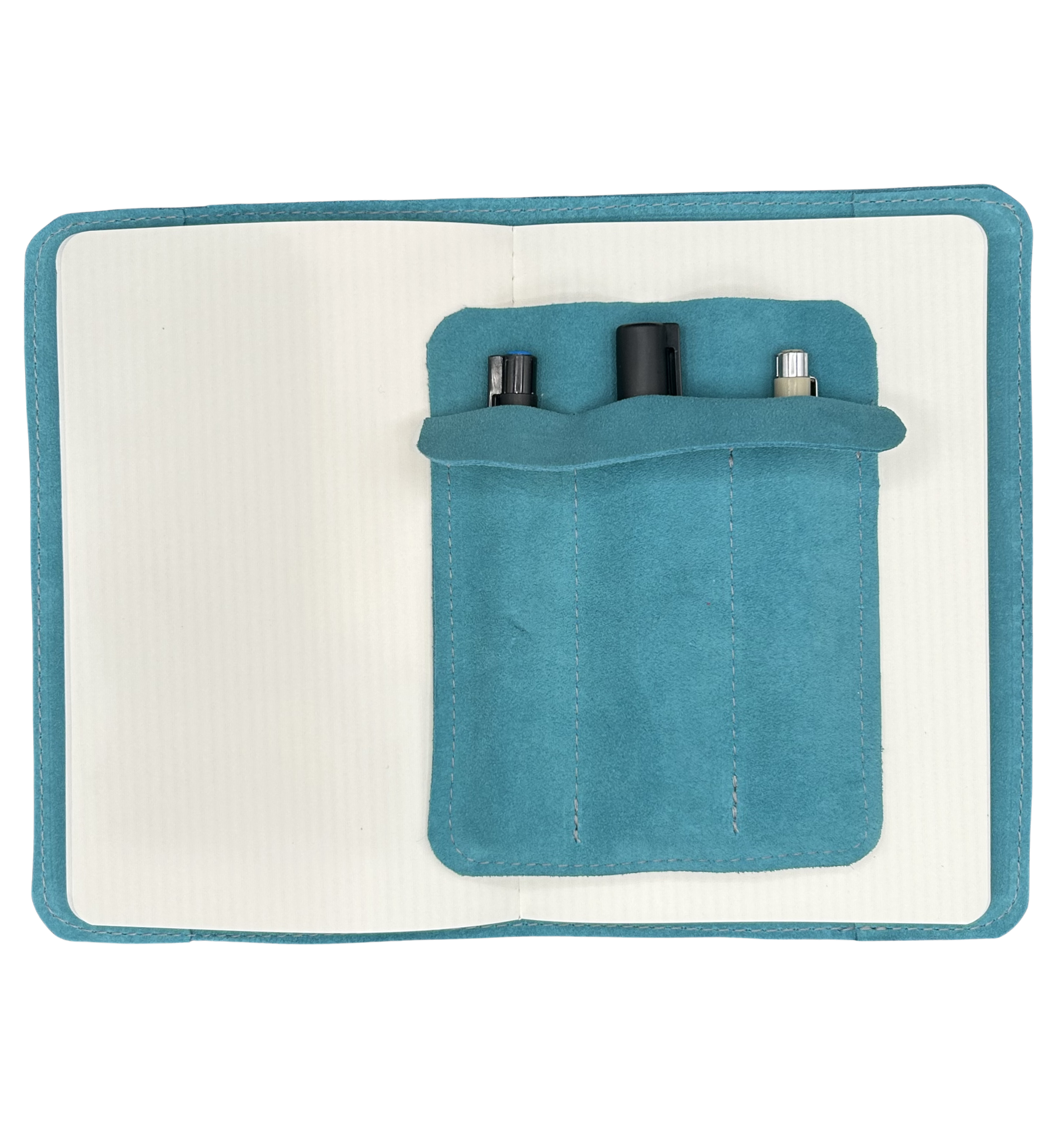 Three pen turquoise suede leather case on top of a turquoise suede leather journal case