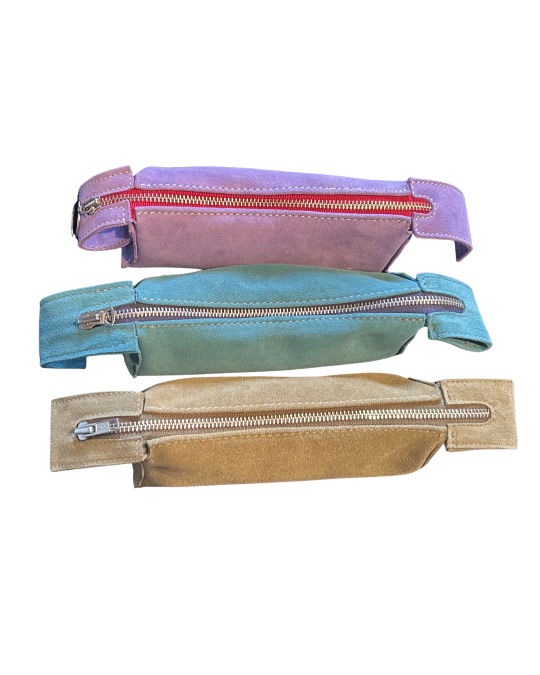three suede leather pencil bags - sage, lilac and turquoise side-by-side