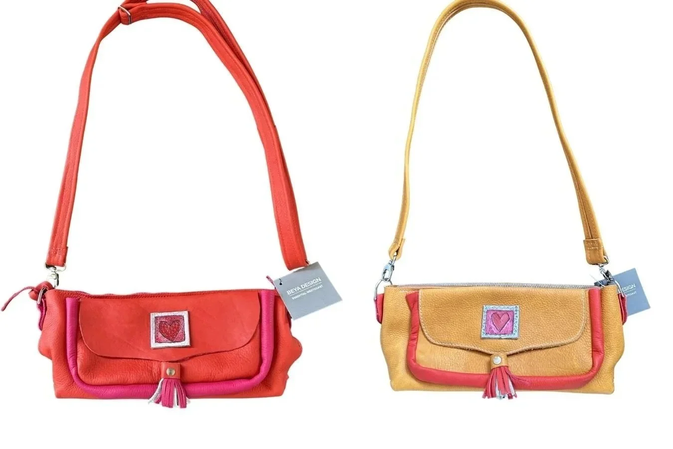 tan purse and orange and pink leather beya design purses