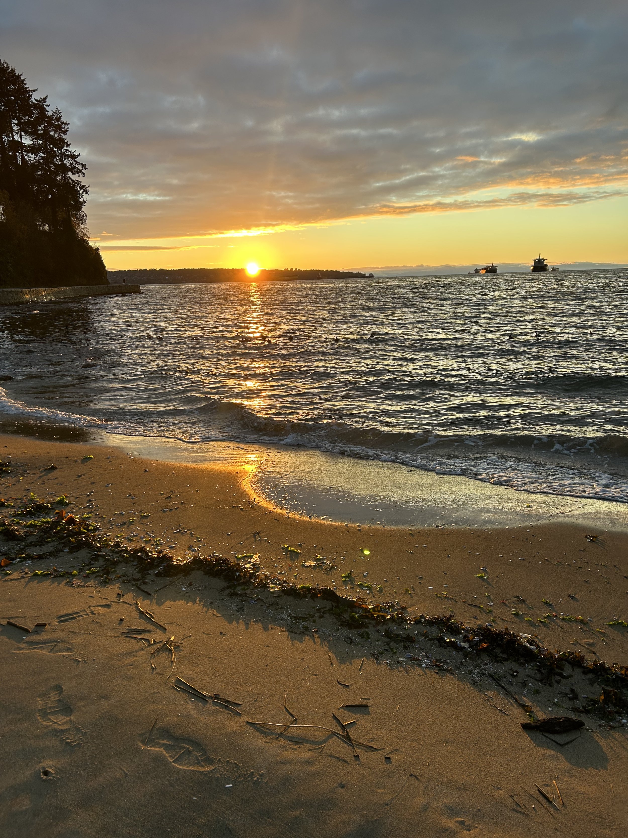 Sunset at a Vancouver, Canada beach with gentle waves, rocky shoreline on the left, and ships on the horizon, with a partly cloudy sky.