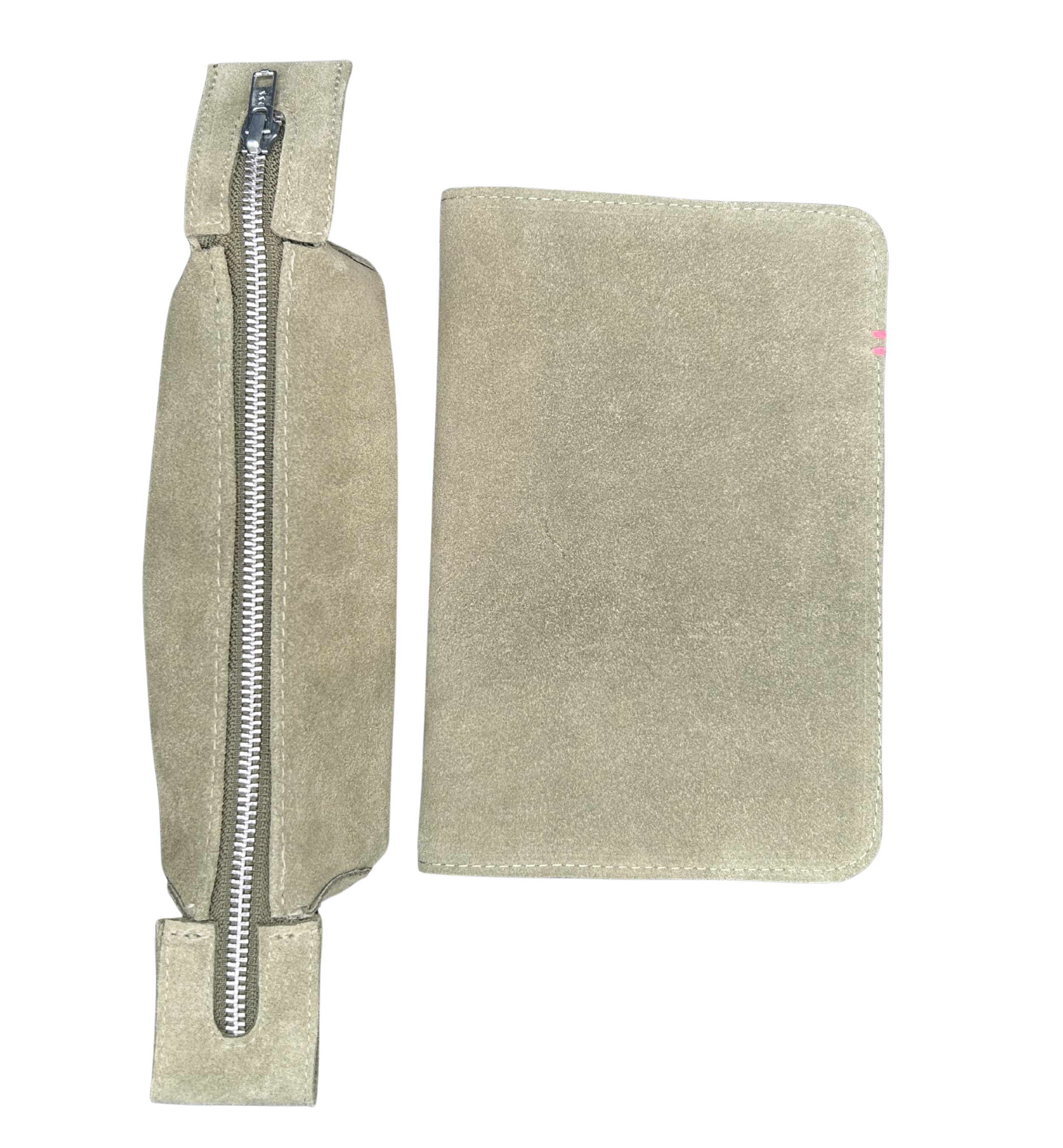 Three pen sage green suede leather case beside a sage suede leather pencil bag