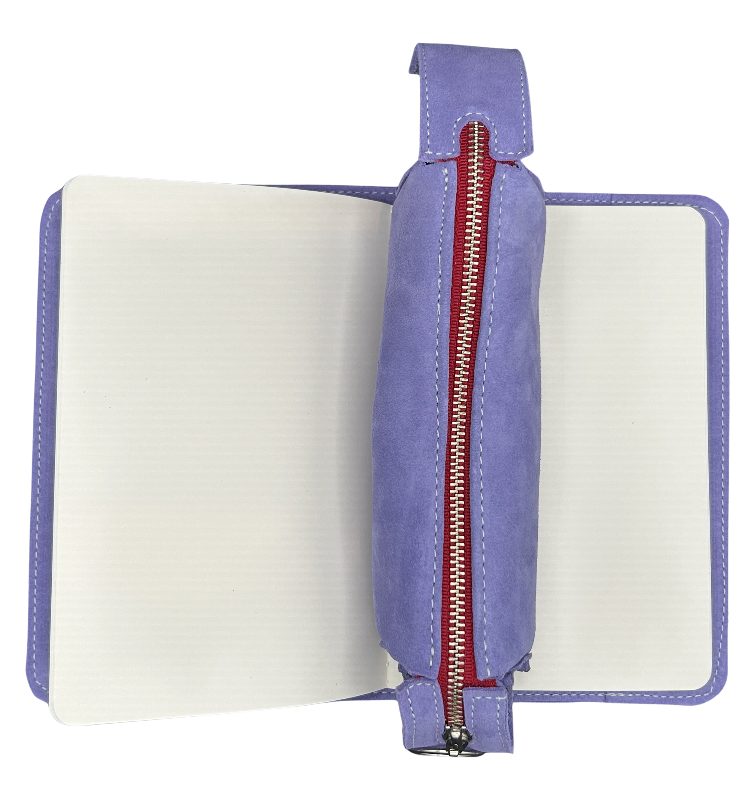 Lilac suede A5 journal case with lilac pencil bag with bright red zipper and silver pull