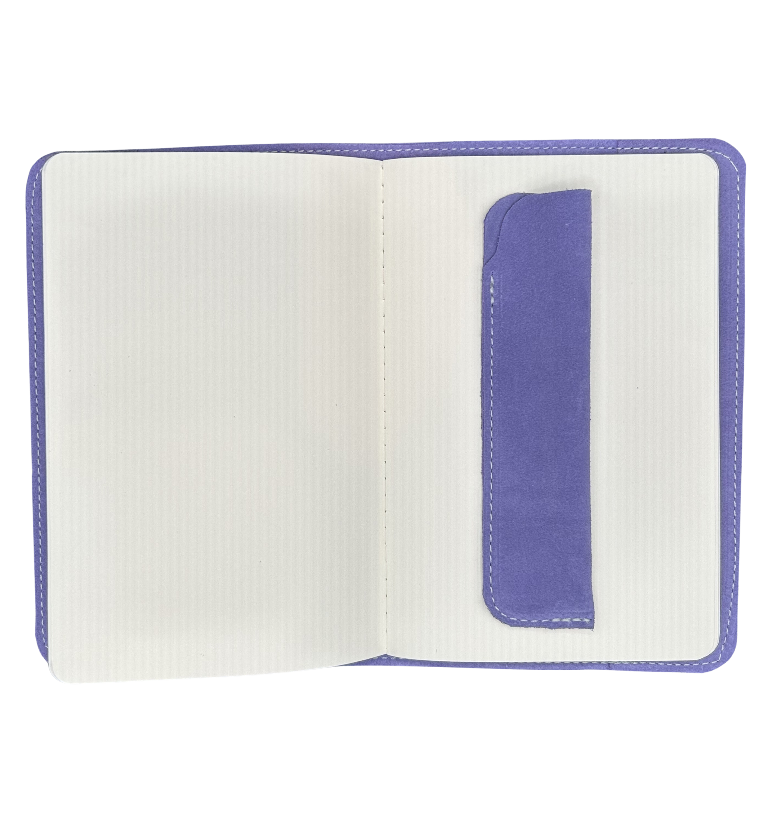 Suede leather single pen case over top of a matching journal