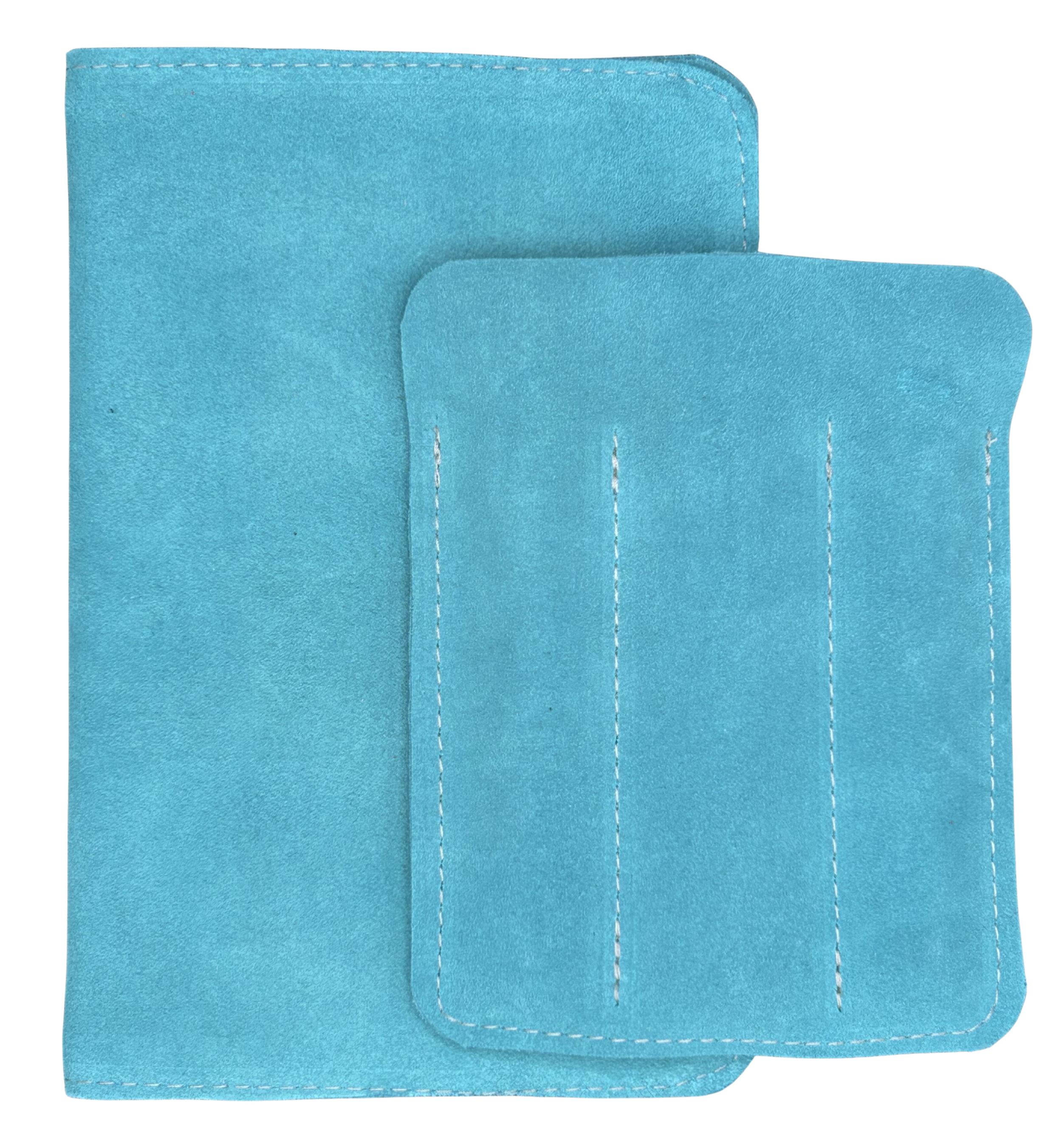 Three pen turquoise suede leather case sitting on top of a turquoise suede leather journal