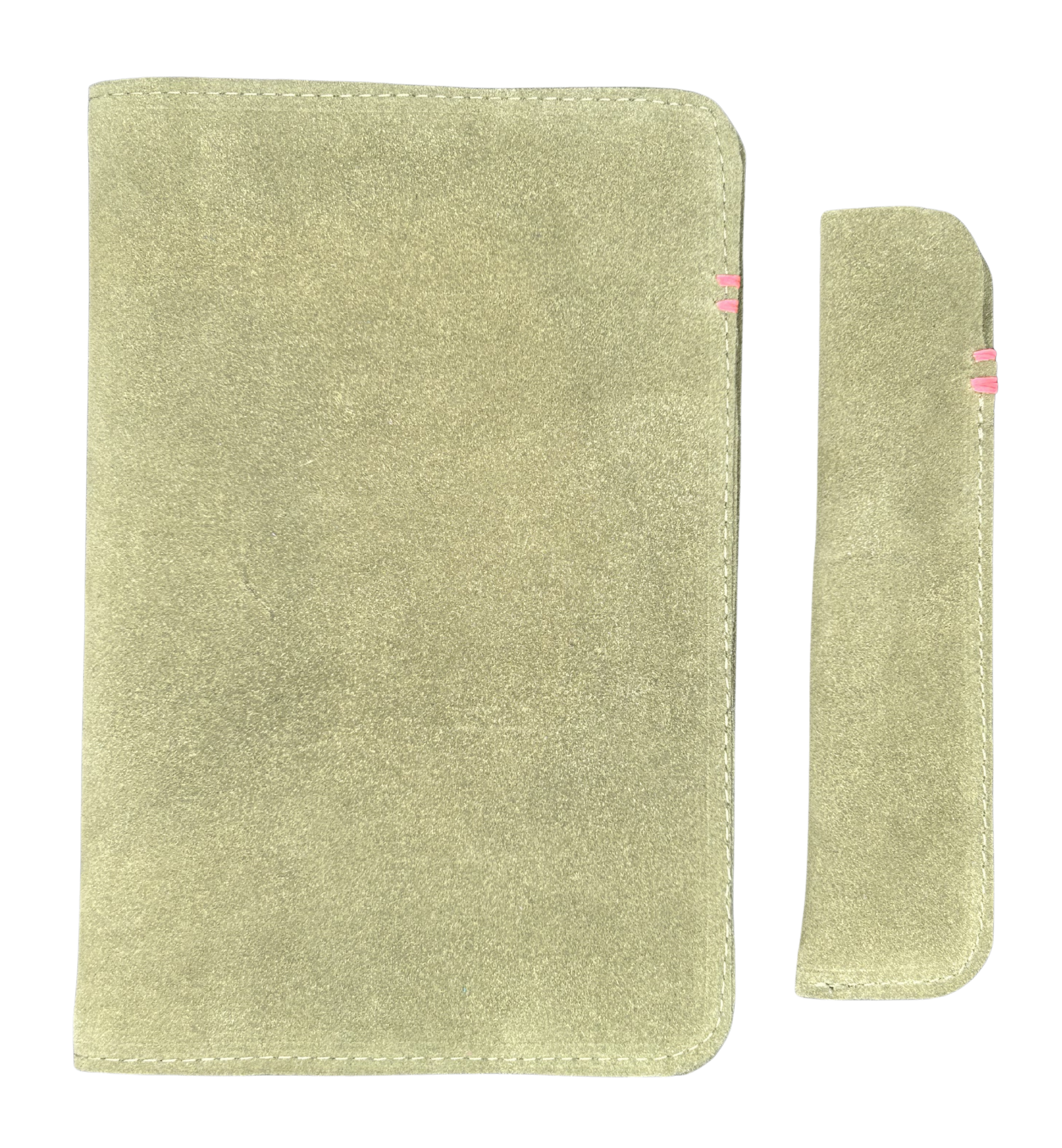 Suede leather single pen case beside a matching journal