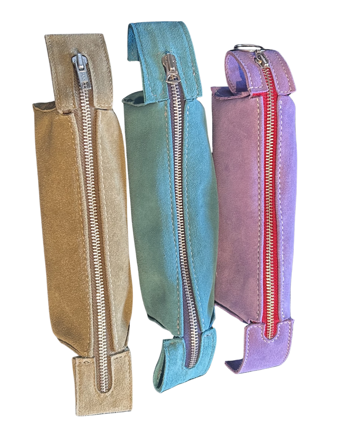 three suede leather pencil bags - sage, lilac and turquoise side-by-side
