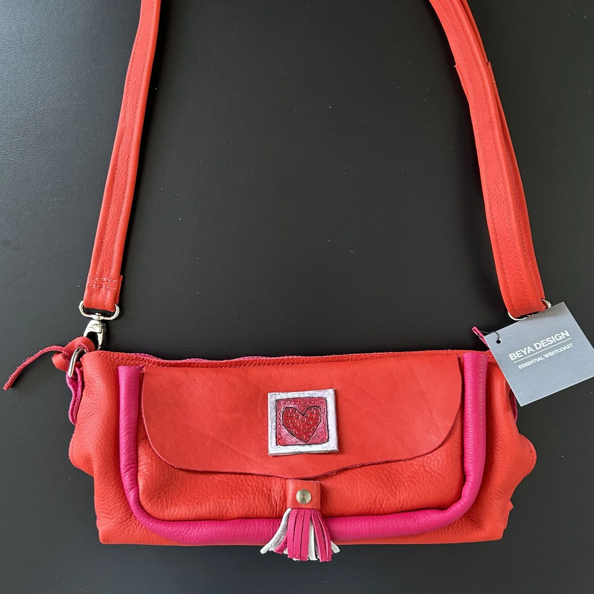 Orange & Pink Leather Purse | Hand-Carved Heart Statement Handbag   |   Playful one-of-kind statement bag