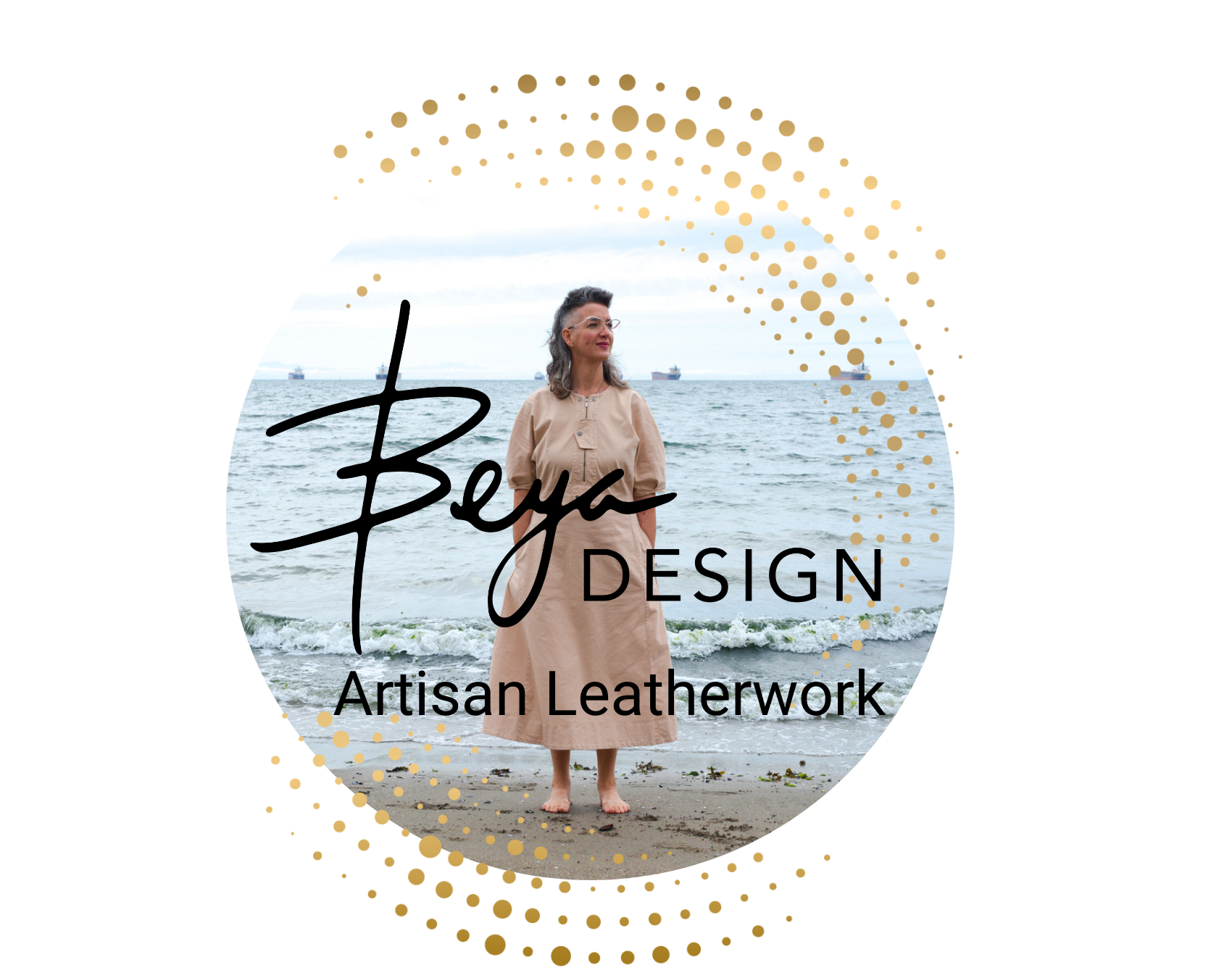 Beya Design logo Artisan Leatherwork  with Founder of the Social Enterprise, Chavisa, in a dress barefoot at the ocean
