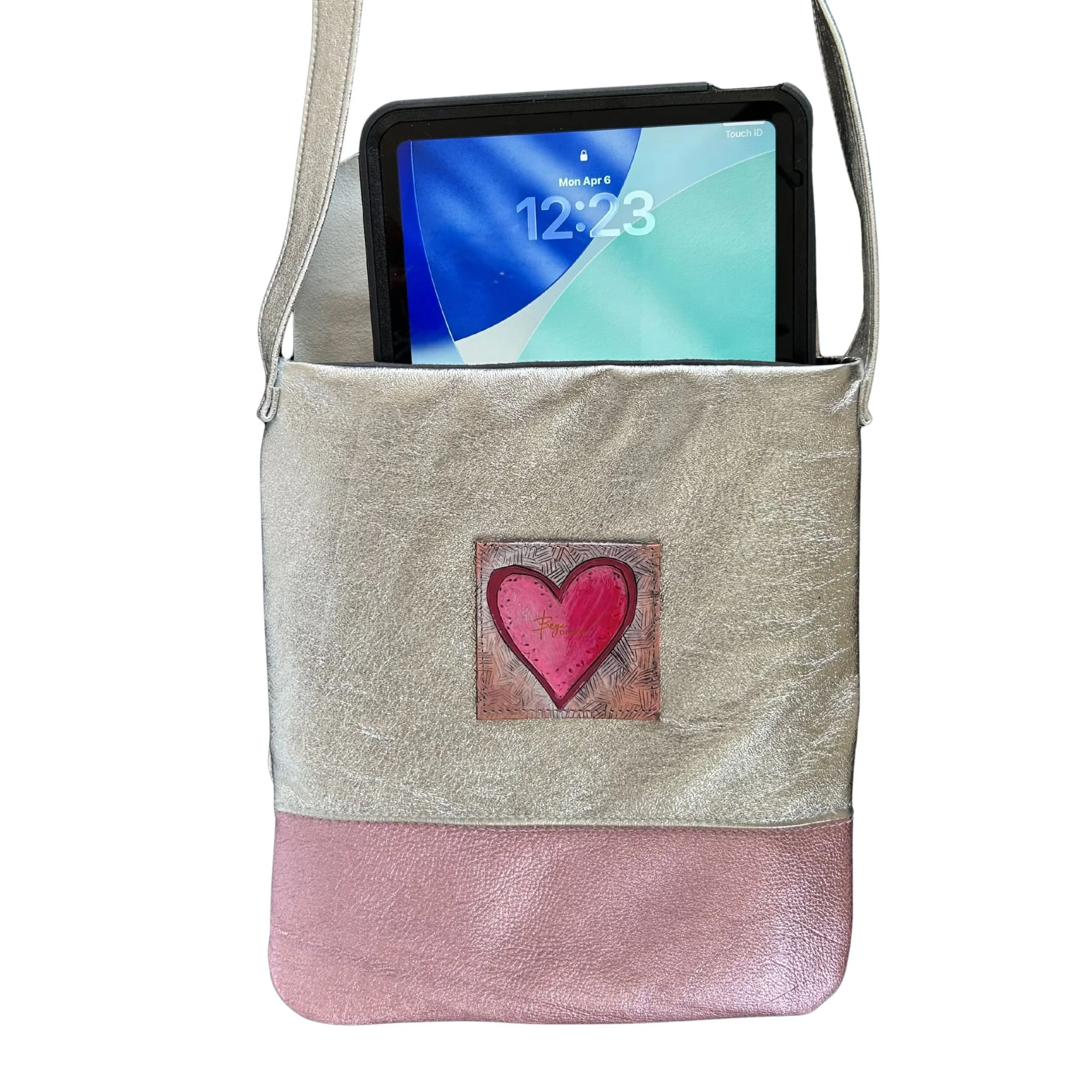 Silver & Metallic Pink iPad Bag with Heart  |  Hand Carved & Painted  | One of a Kind