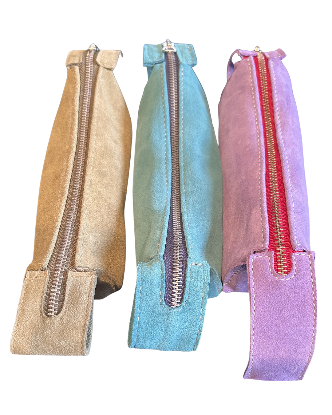 three suede leather pencil bags - sage, lilac and turquoise side-by-side