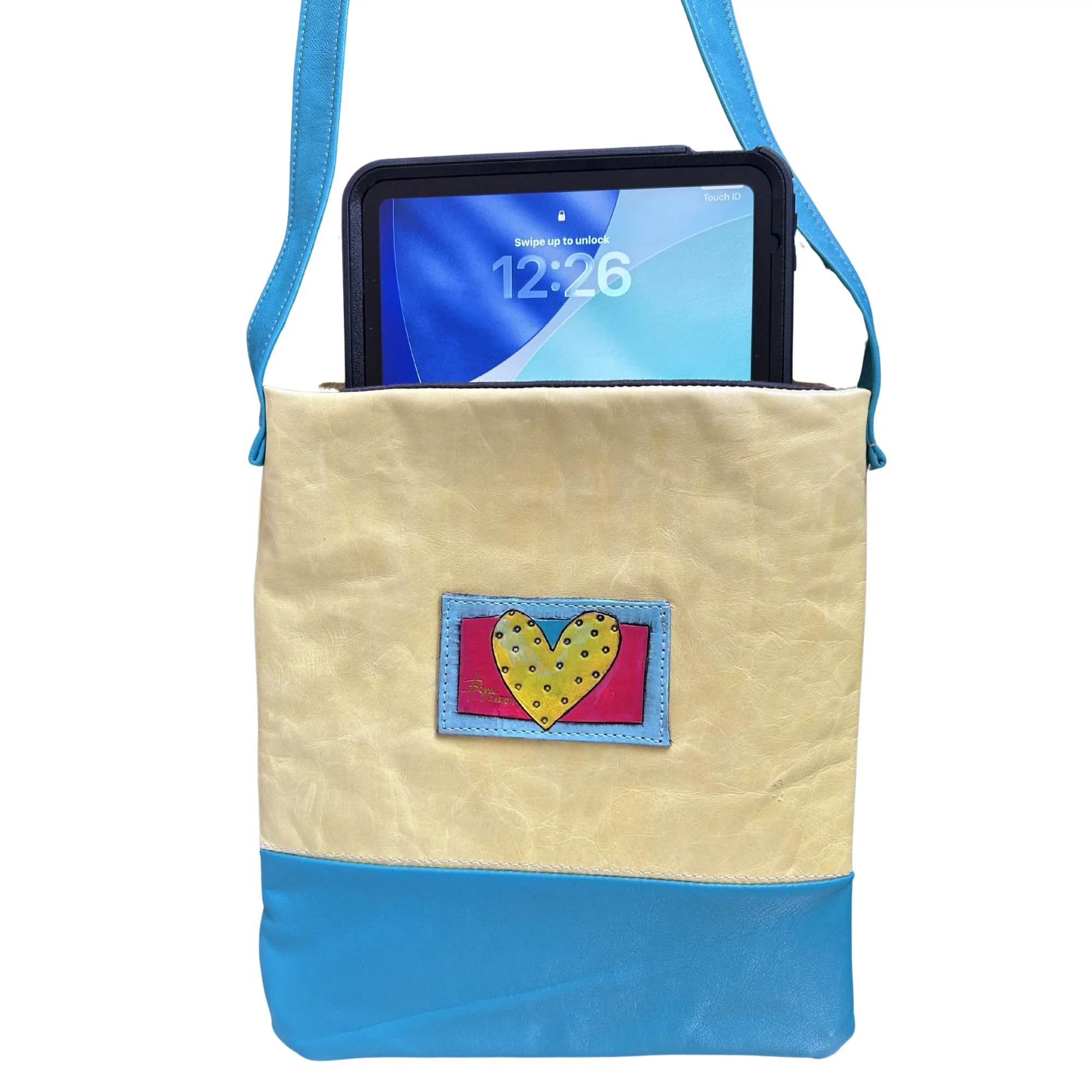 Handcrafted Turquoise & Sunlight Yellow Leather iPad Bag with Hand-Carved Painted Heart  |  Reinforced Protective Tablet Bag  |  One of a Kind