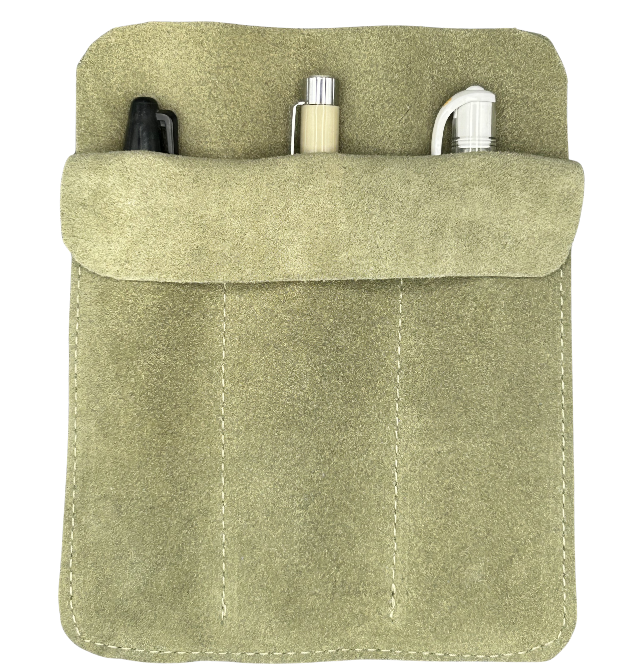 Three pen sage green suede leather case with three pens inside