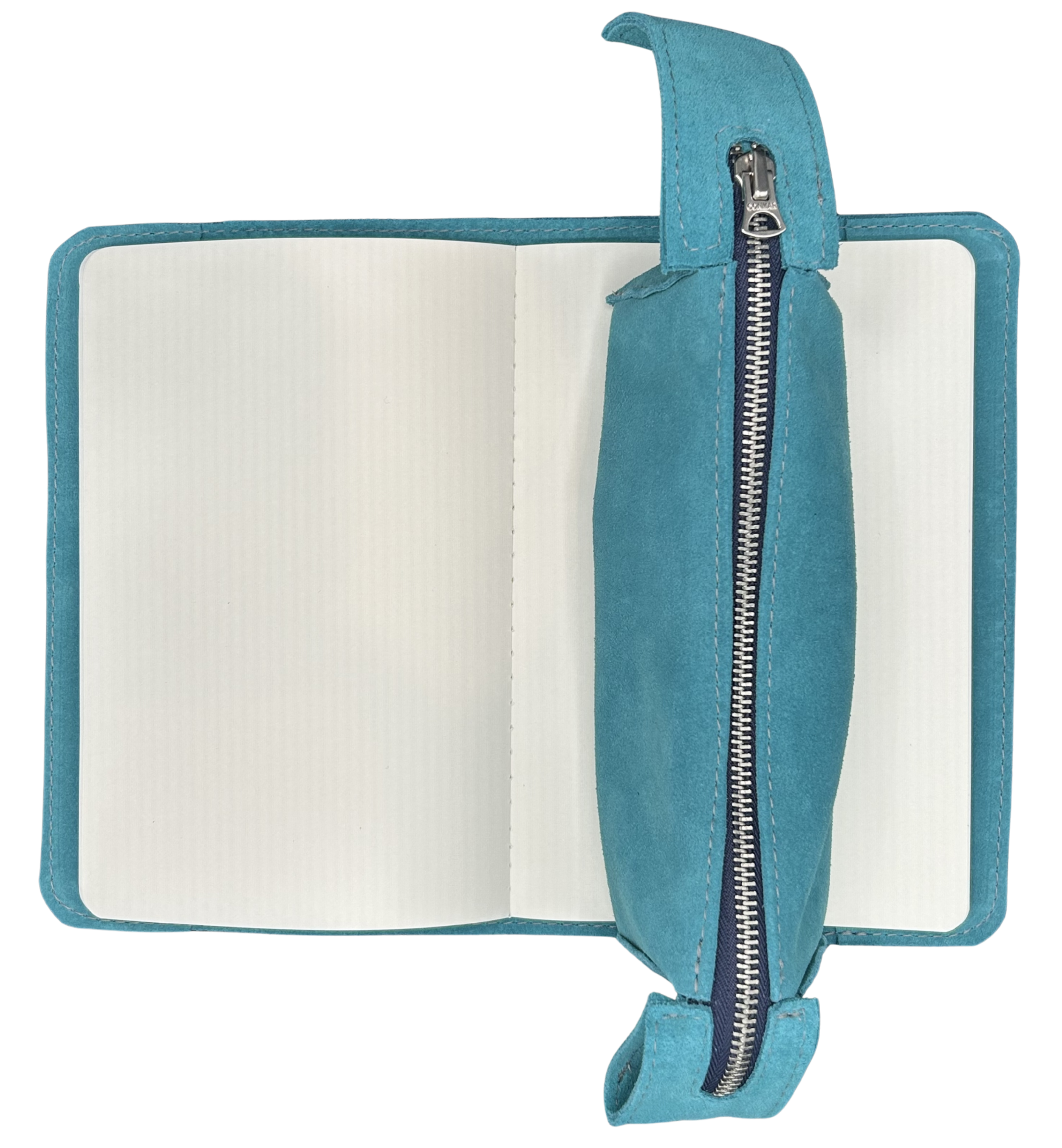 Tinted turquoise suede leather pencil bag on top of a lilac A5 journal.