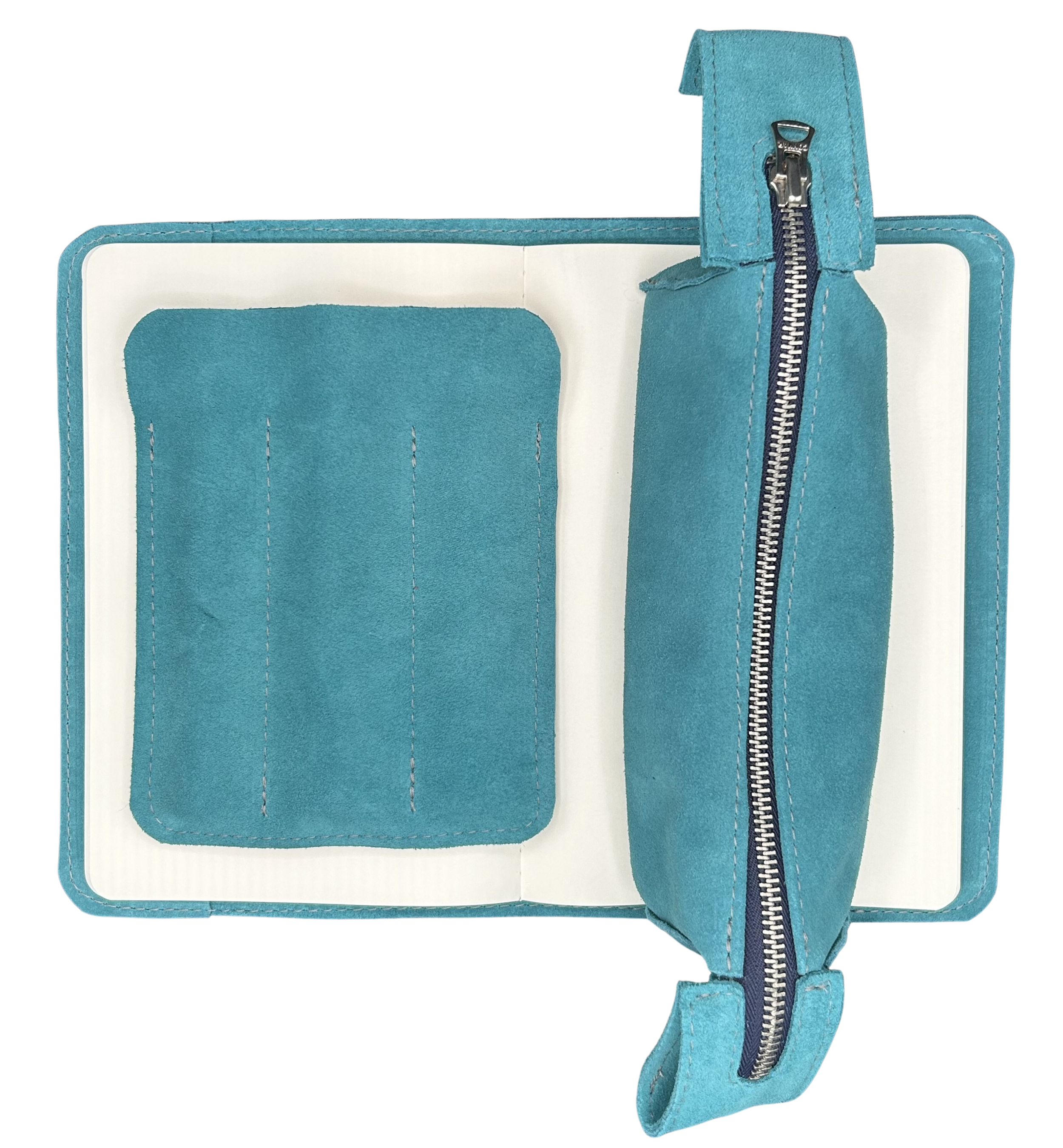 Turquoise suede A5 journal case with turquoise three pen case and turquoise pencil bag