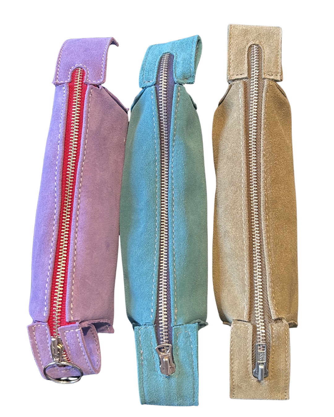 Three suede leather pencil bags - sage, lilac and turquoise side-by-side