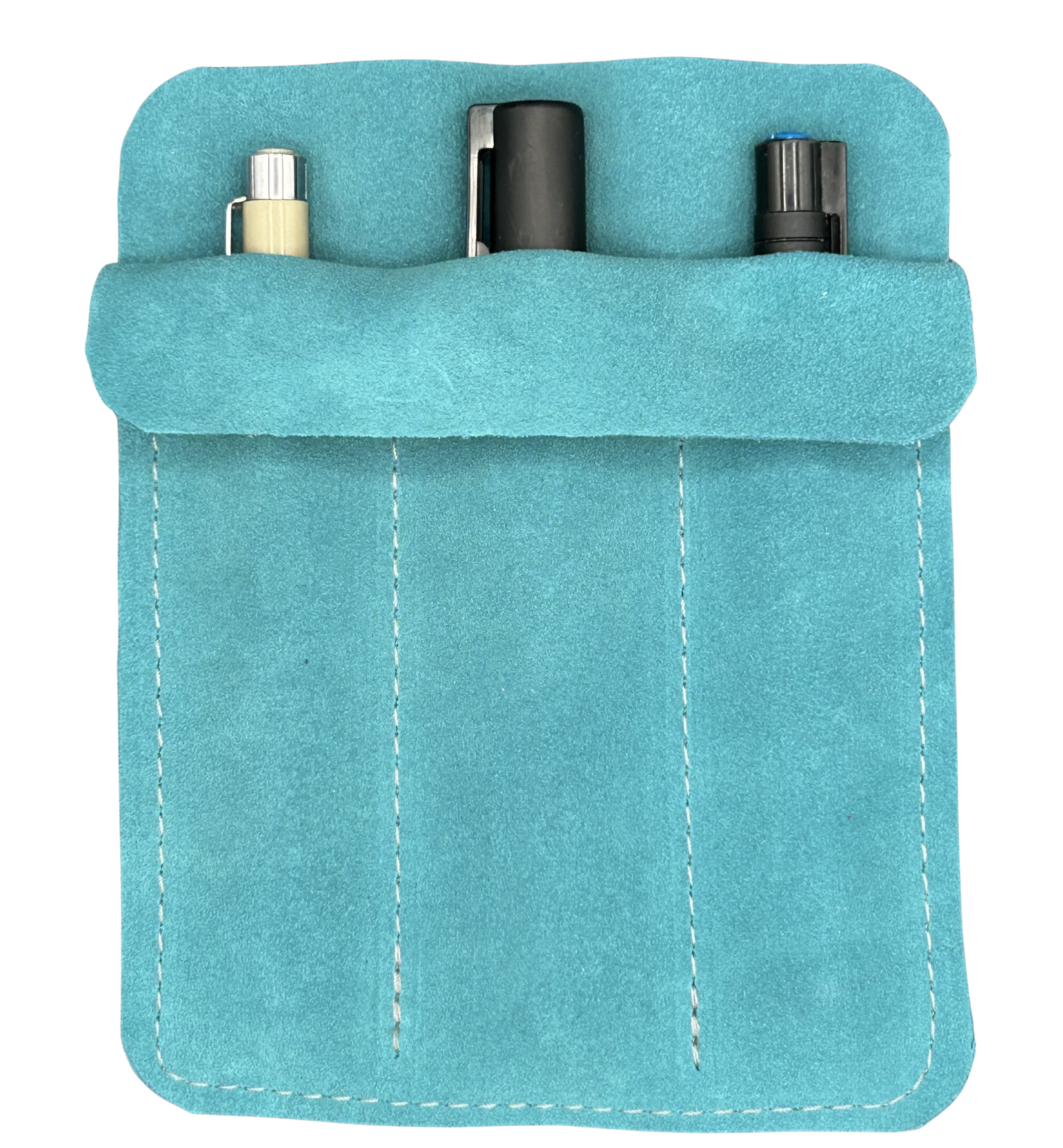 Three pen turquoise suede leather case with three pens inside