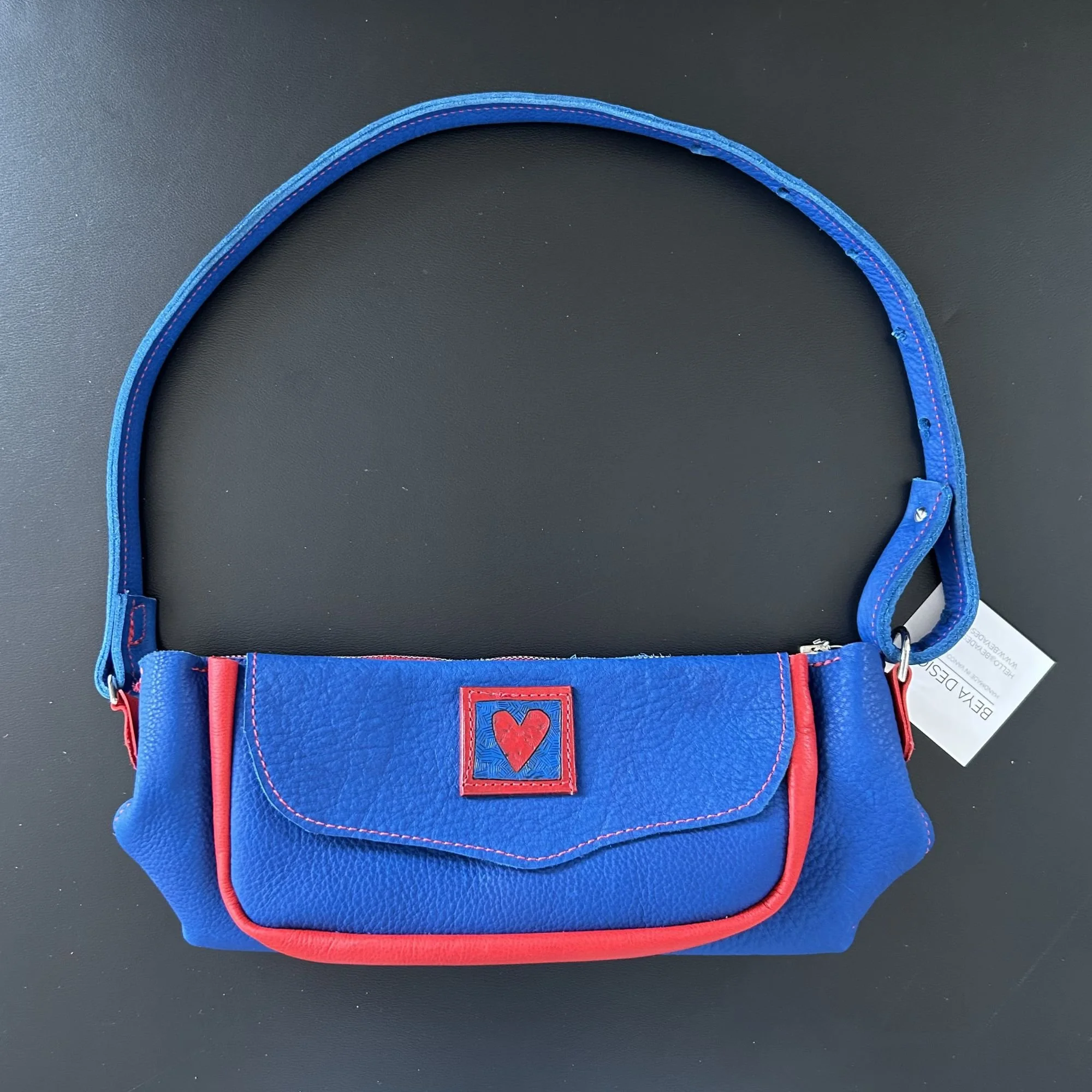 Blue & Red Leather Colourful Purse with Hand-Carved Painted Heart   |   Playful one-of-kind statement bag