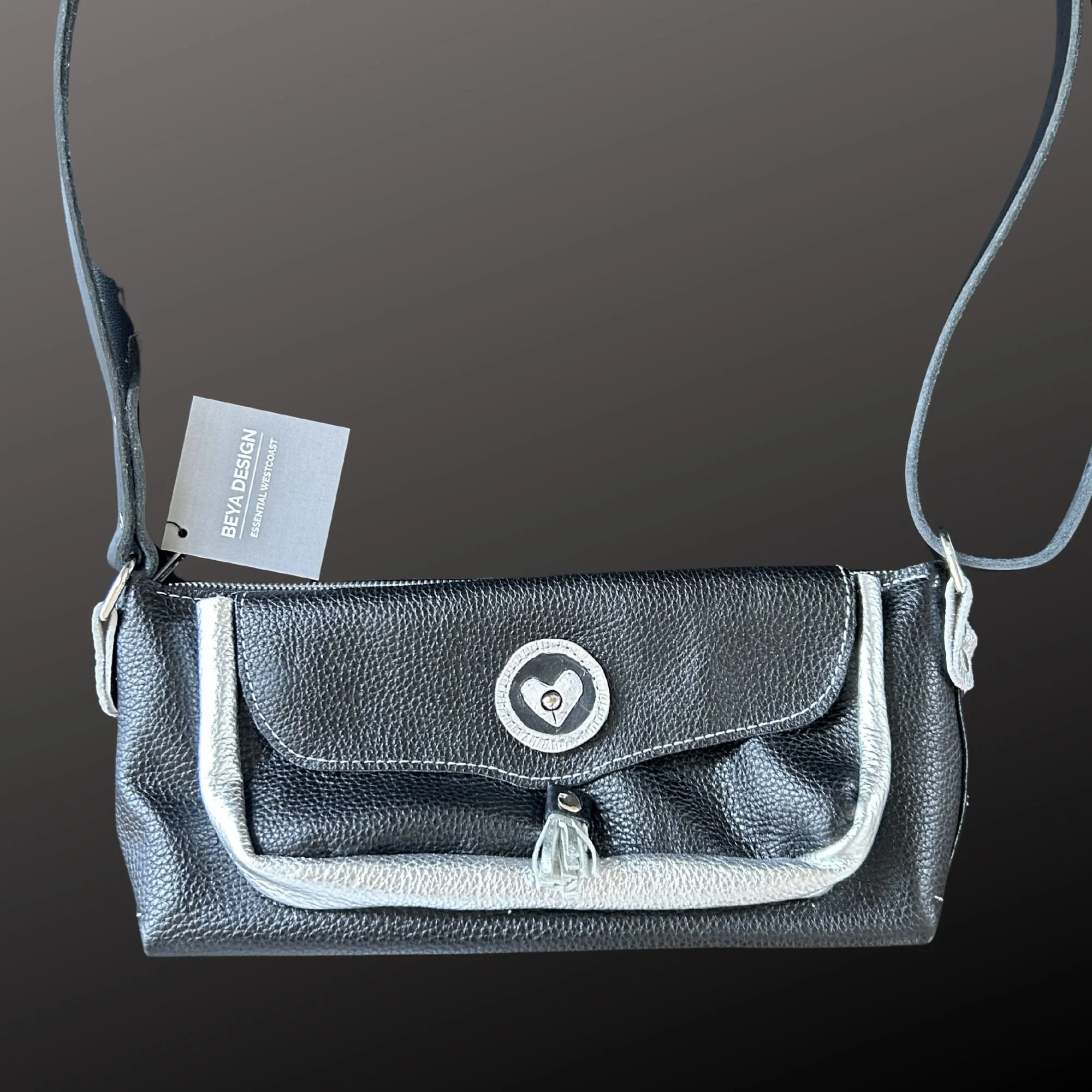 Black & Silver Metallic Leather Purse with Hand-Carved Heart   |   Playful one-of-kind statement bag