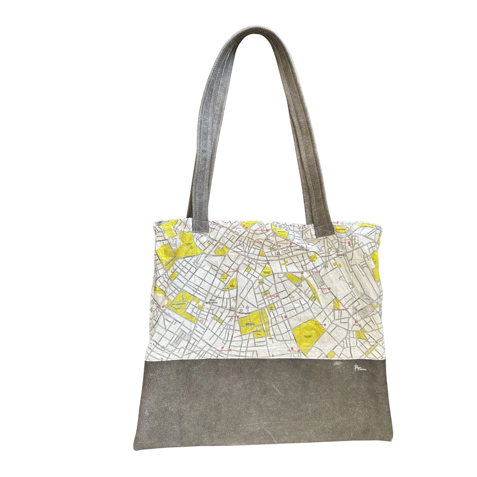 Hello Berlin.  Berlin Chartruse Map and Grey Leather Shoulder Bag  |  One of a Kind