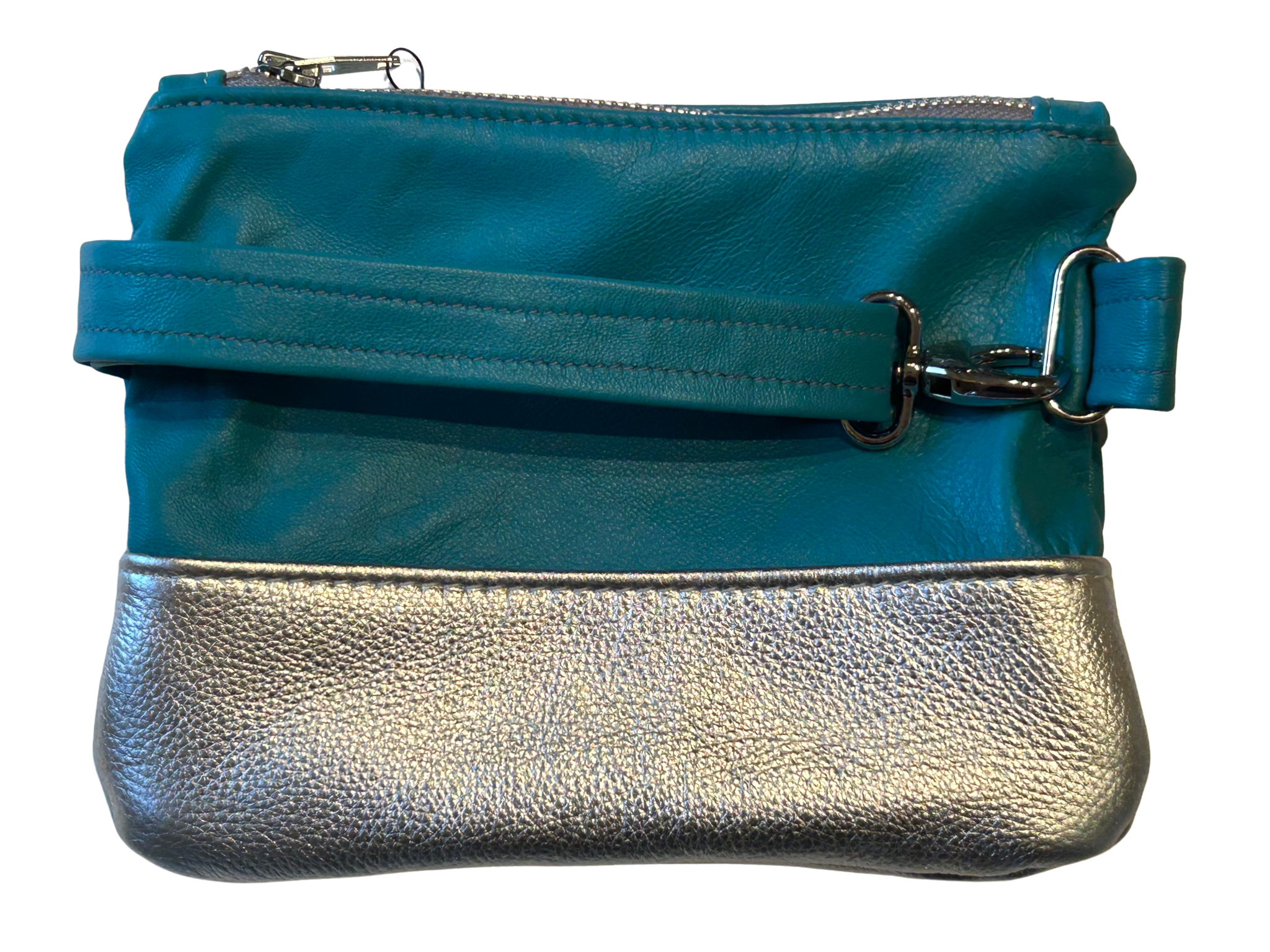 Turquoise & Silver Metallic Artisan Leather Clutch