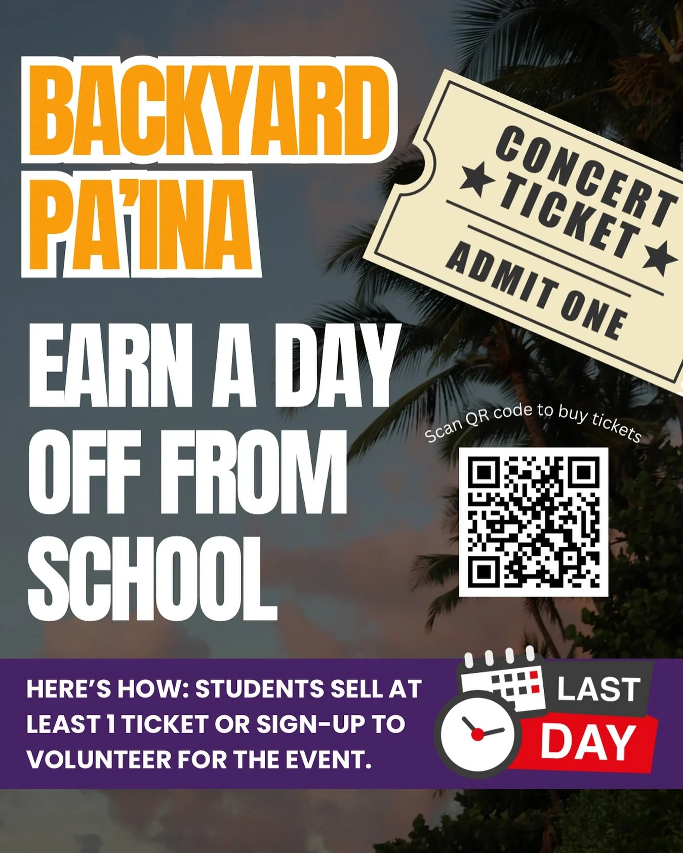 Monarchs! Today is the final day to help your school earn a day off!
Tickets can be purchased here: https://erg.t-g.cc/p/b8hq#/
✅ Sell at least 1 Backyard Pāʻina ticket
OR
✅ Volunteer to help at the event
We’re aiming for 100% participation
